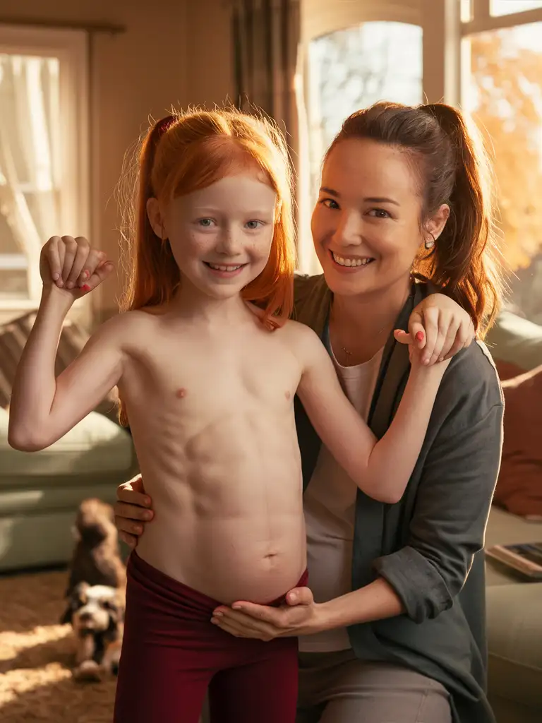 8 years old ginger hair girl, flat chested, muscular abs, showing her belly, with mom