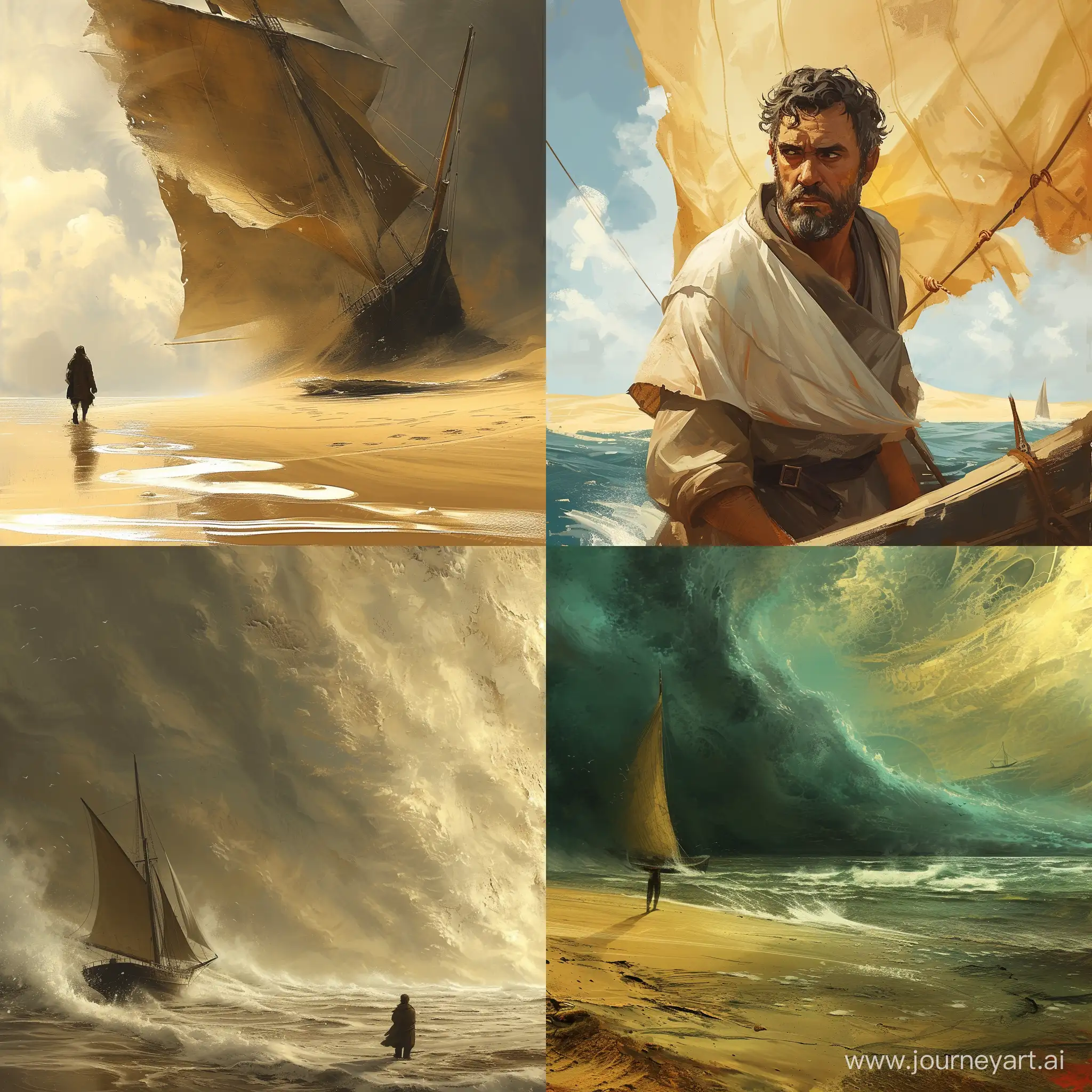 His sails hung limp, his spirit waned,
As Seafarer grappled with emotions unchained.
How could the ocean, once his home so grand,
Transform into a wasteland, a desert of sand?
