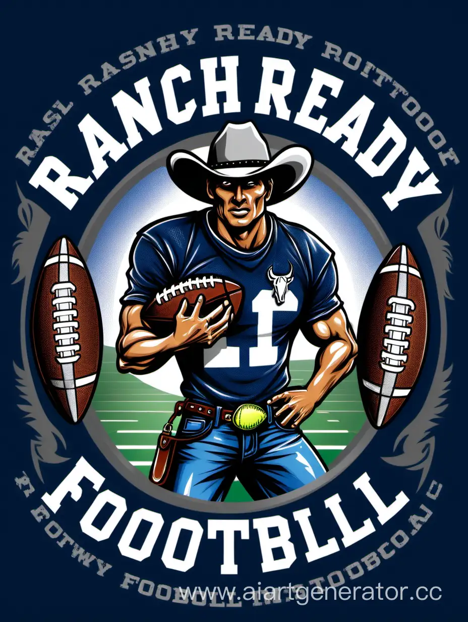 "Ranch Ready Football" with cowboy gear meshed with football in the t-shirt design