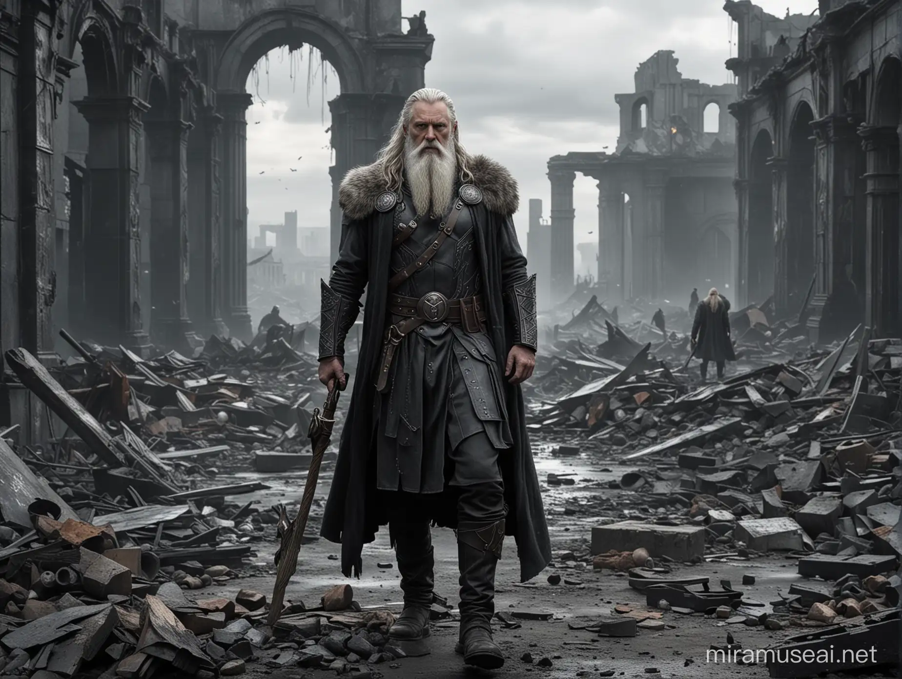 Create an image that shows Odin in apocalyptic world, among ruins of destroyed city appearing among survivors.  Make them appear more like men but still god like. style is dark, realistic, grim