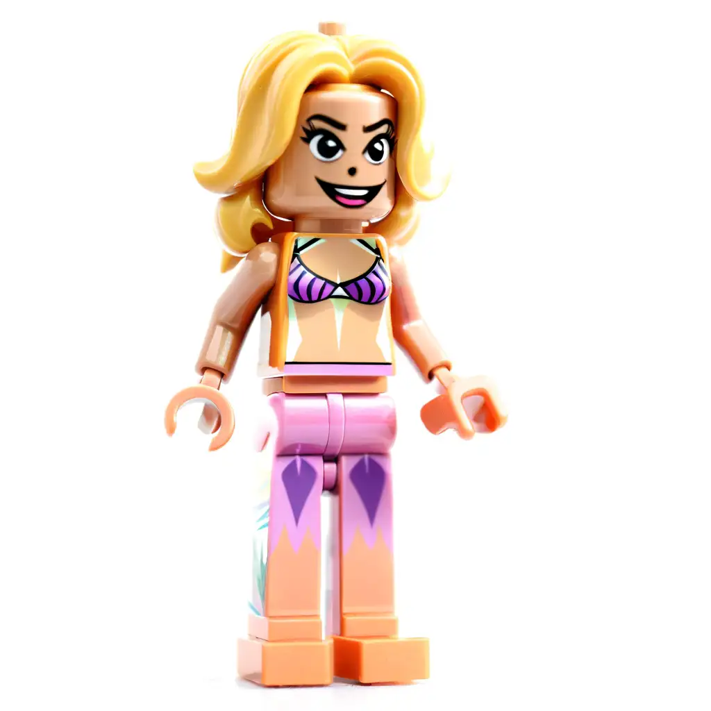 make an image of a Florida women with bad makeup and a bikini top lego minifigure