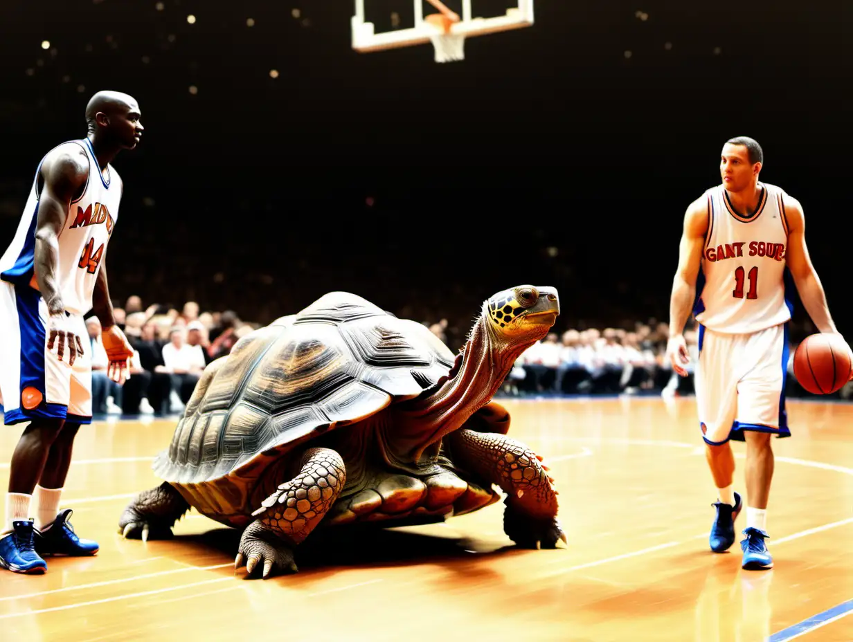 giant tortoises playing against professional basketball players at Madison Square Garden
