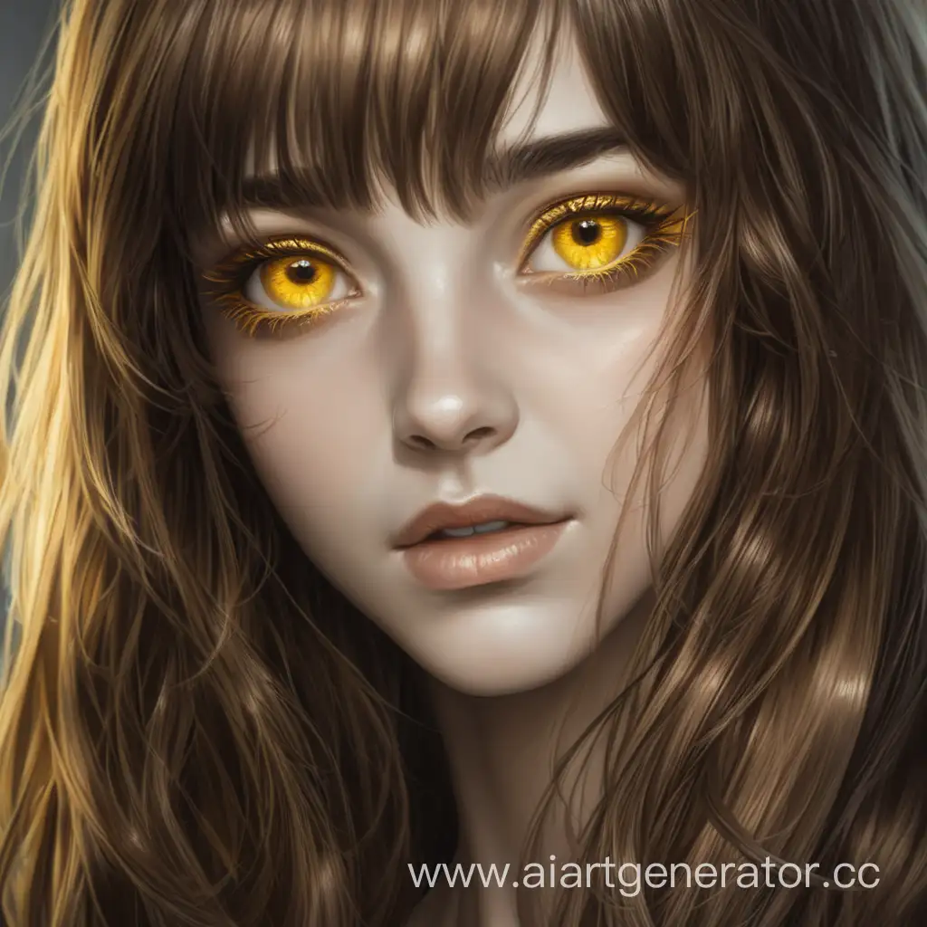 Woman with brown long hair and golden yellow eyes