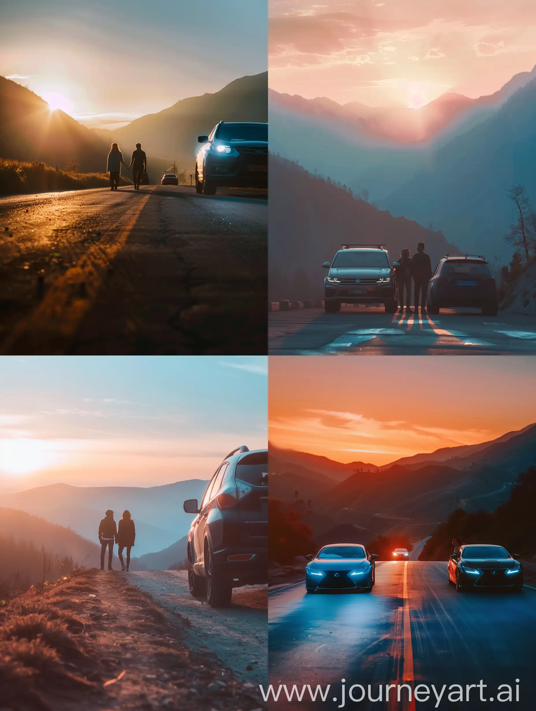 make a realistic photo of a couple, moutains. sunset, against the light, a front car on the right, vibes, camera haze, canmera blu, beautiful