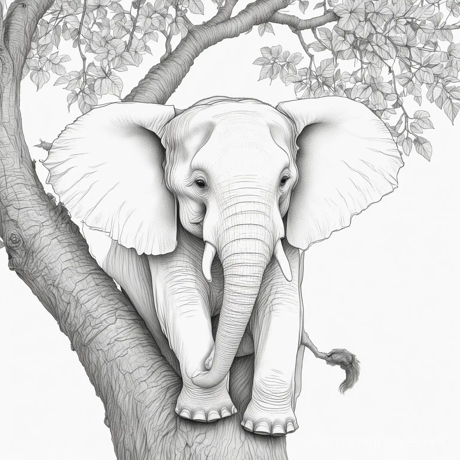 elephant in a tree, Coloring Page, black and white, line art, white background, Simplicity, Ample White Space. The background of the coloring page is plain white to make it easy for young children to color within the lines. The outlines of all the subjects are easy to distinguish, making it simple for kids to color without too much difficulty