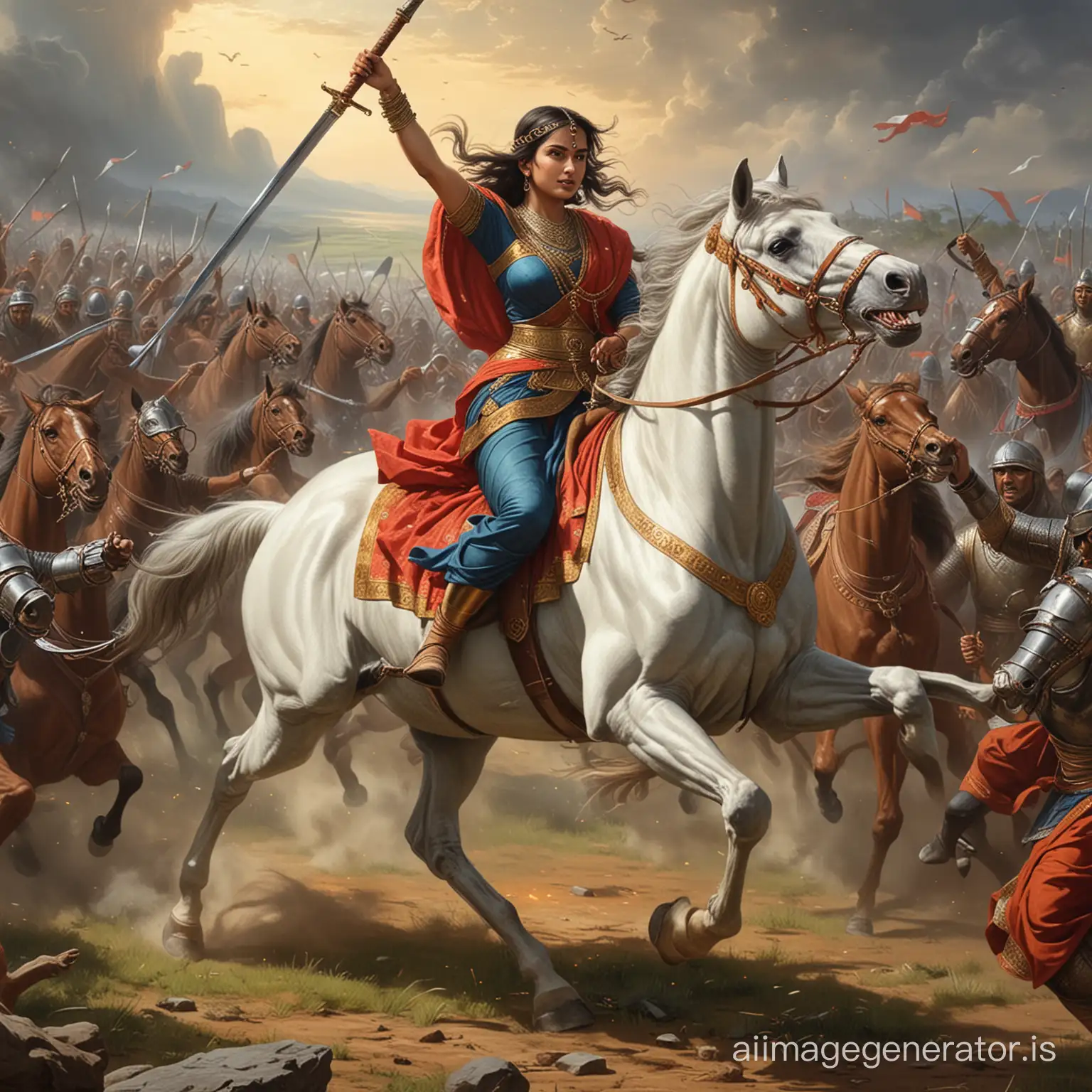Nari durgavati on horse in battle with sword