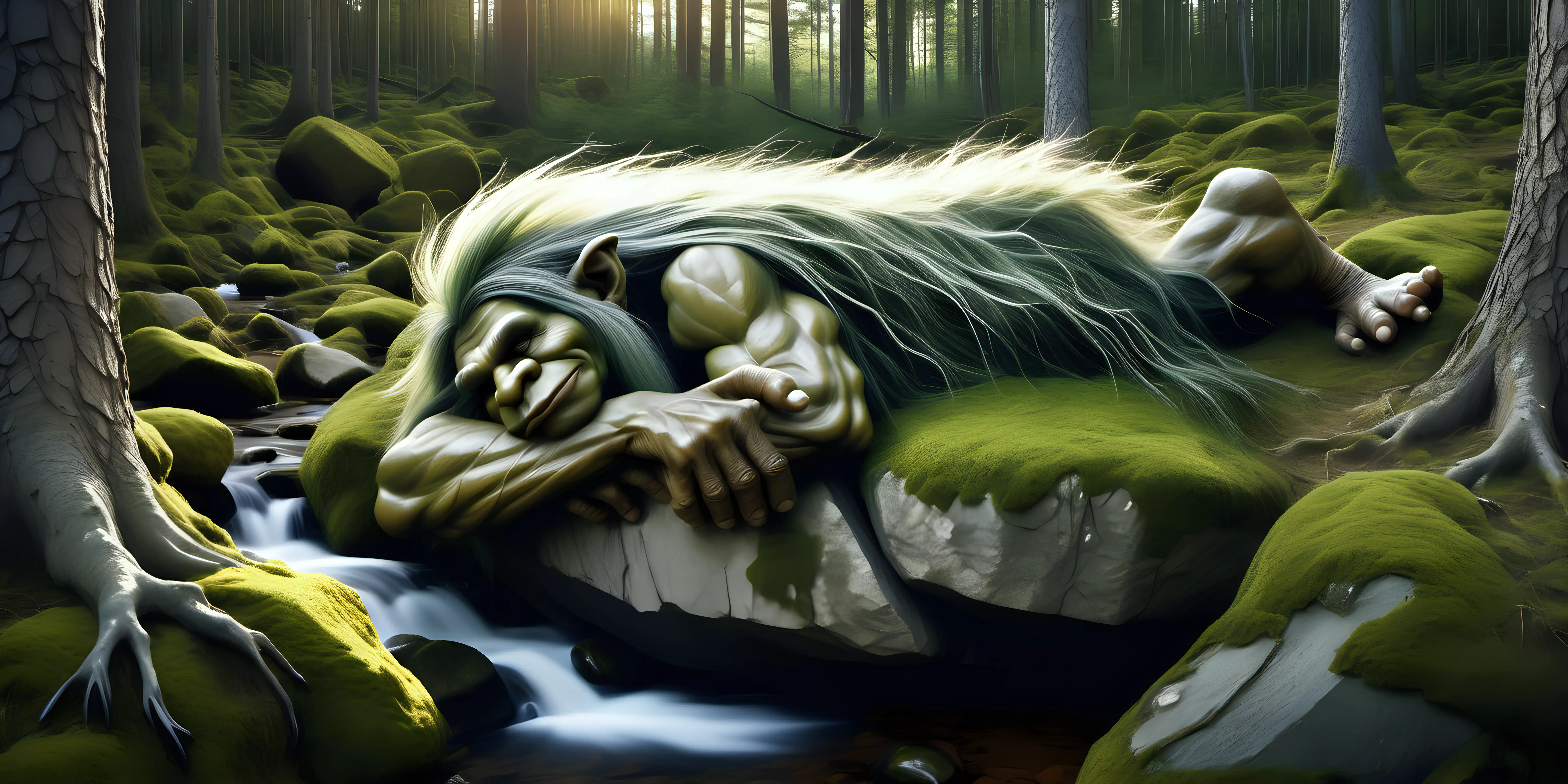 Peaceful Sleep of a Norwegian Folklore Troll in Ancient Green Pine Forest