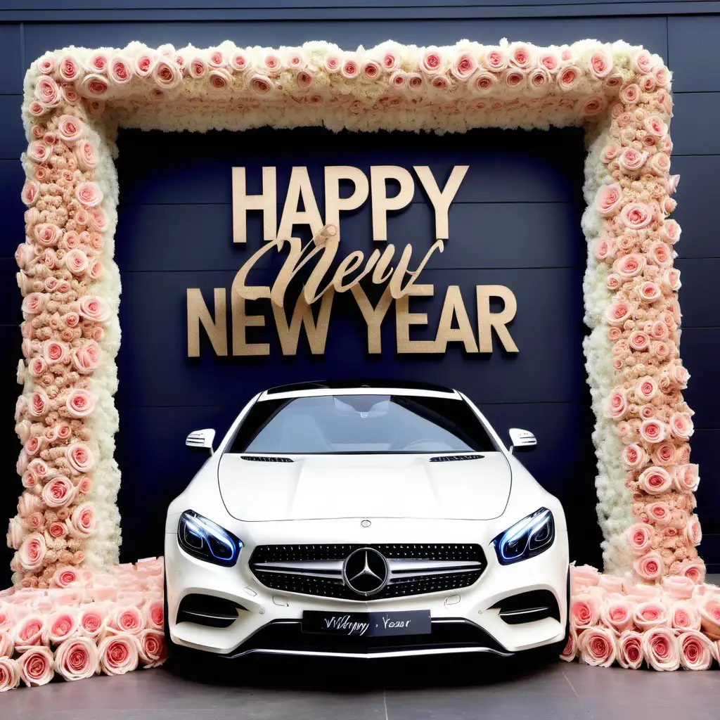 Happy new year sign with a Mercedes Benz and a bouquet with 300 roses wall 
luxury setting 