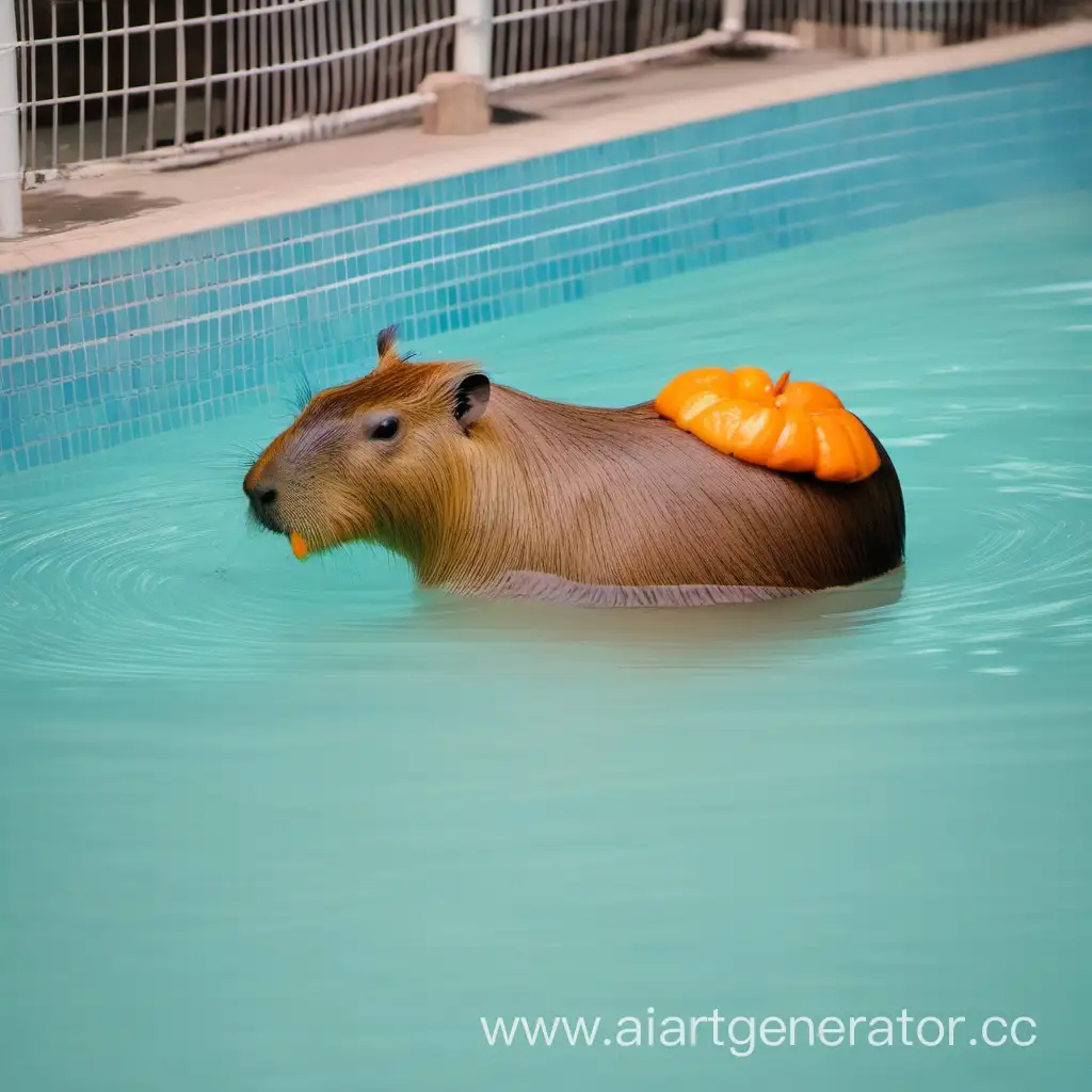 капибара с мандарином в бассейне
