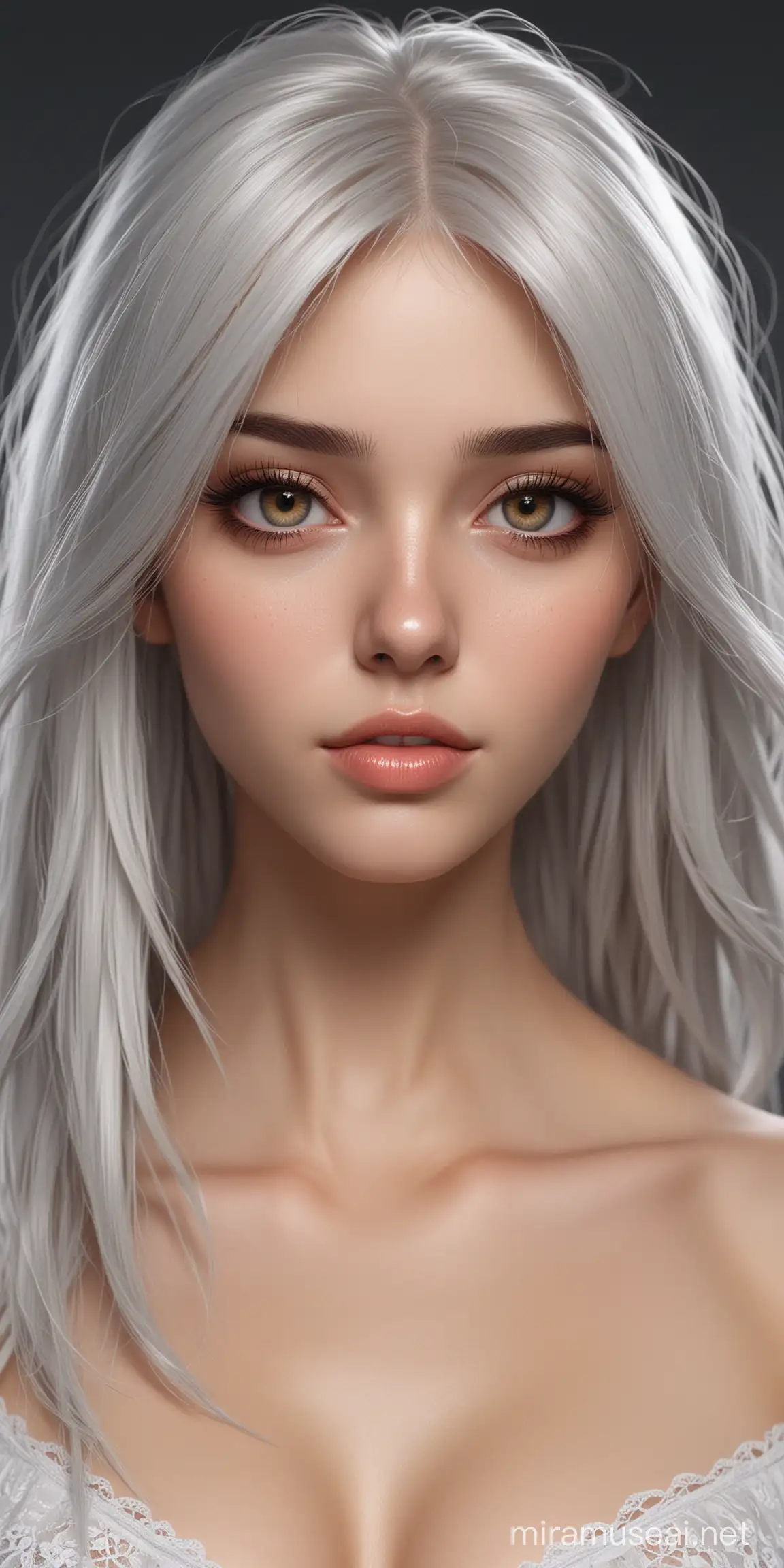 draw a very beautiful, brunette, fair-skinned, black-haired digital character girl with extremely realistic white hair, white eyes, very beautiful, brunette, fair-skinned, black hair, look sideways