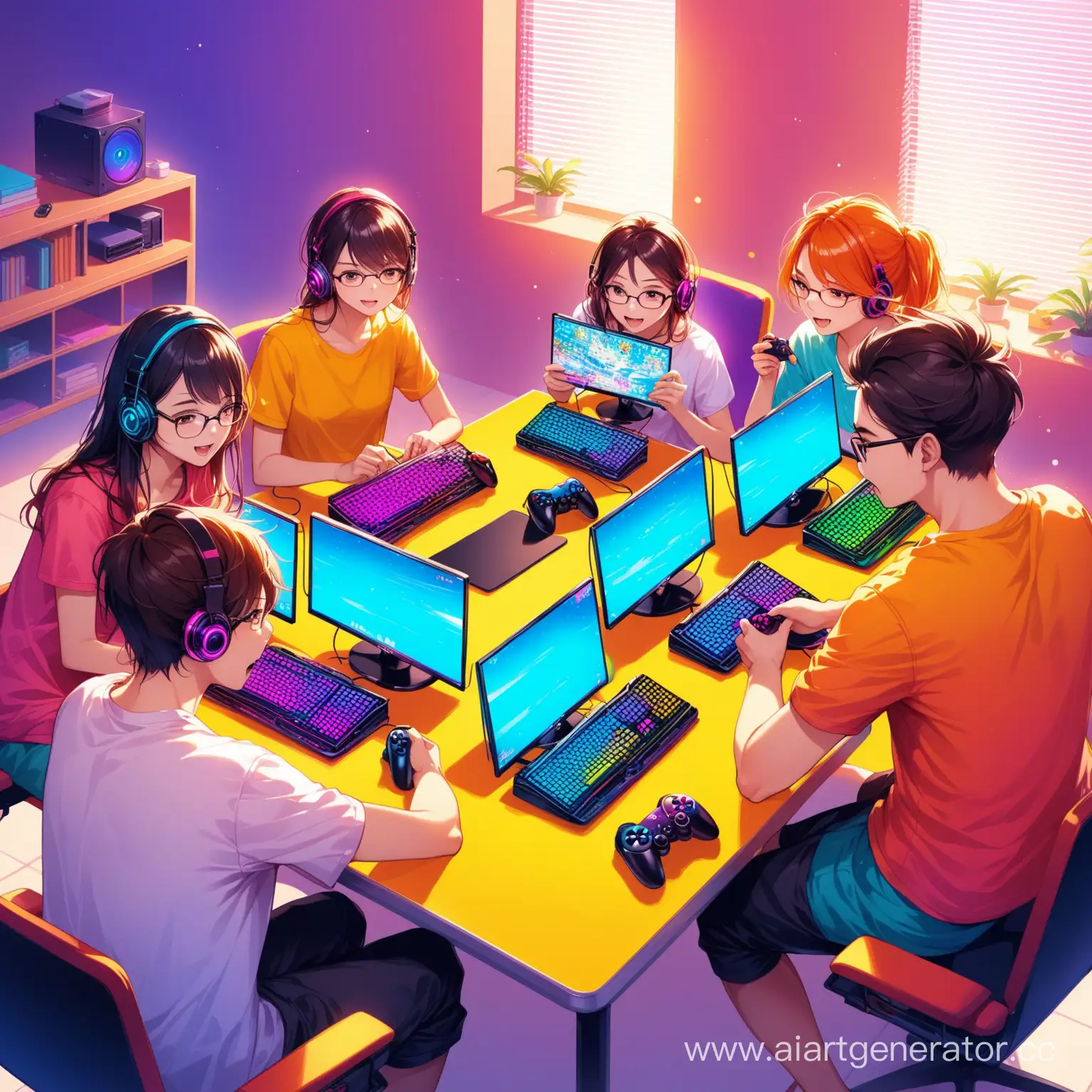 пять человек, играют в игры, компьютеры, яркие цвета