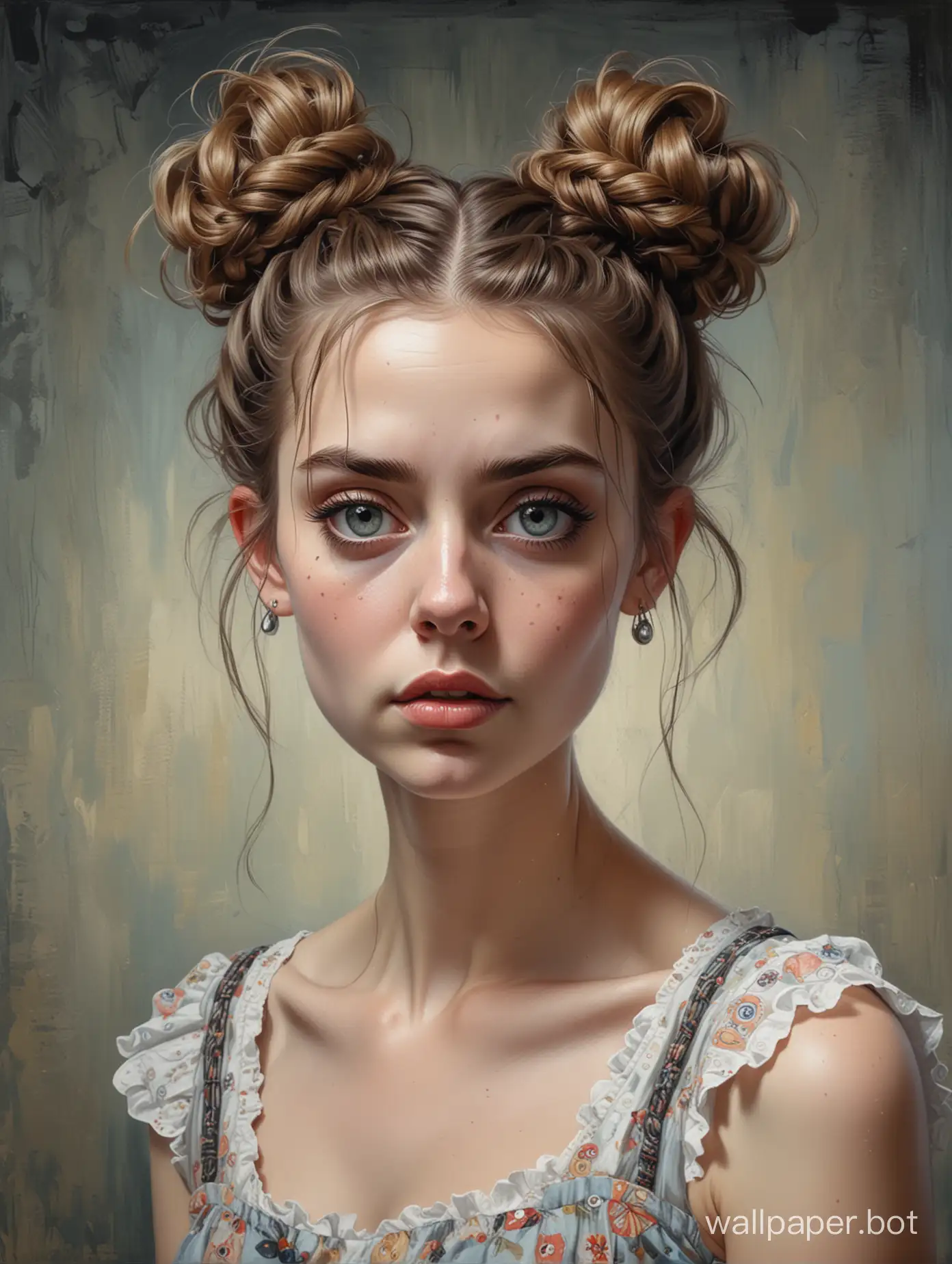 oil painting in the style of comics by Tim Burton, (eccentric girl, expressive eyes, hair beautifully braided in a fancy bun, wearing a sundress, intricate details), with an Impasto texture, eccentric, surreal, super detailed, super clear and sharp, glossy.