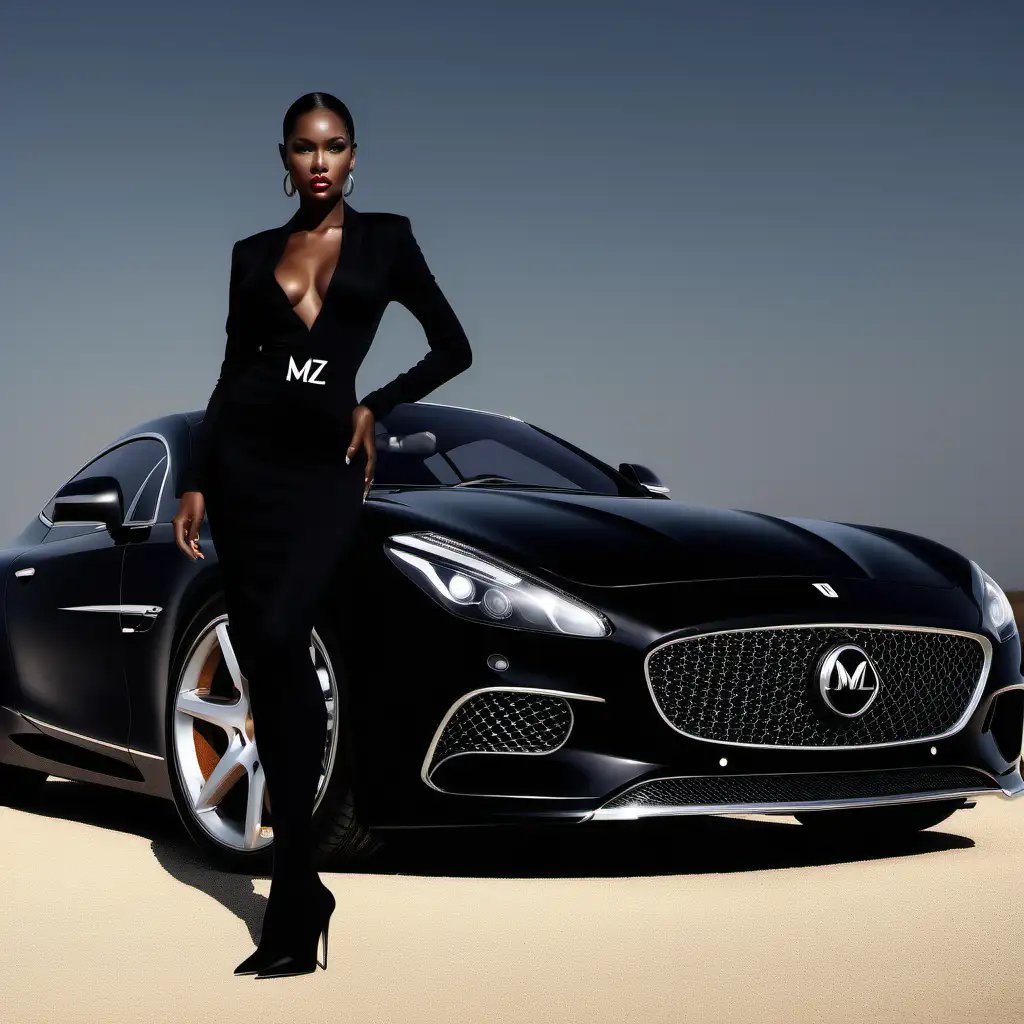 Luxury Black Race Model in MZ Brand Fashion amidst Opulent Surroundings with a Luxury Car
