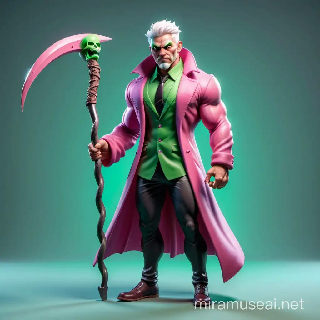Death in 3d cartoon muscular male with white hair holding his green scythe with a pink overcoat  with a normal face without squinting eyes with 5 teeth on the hand