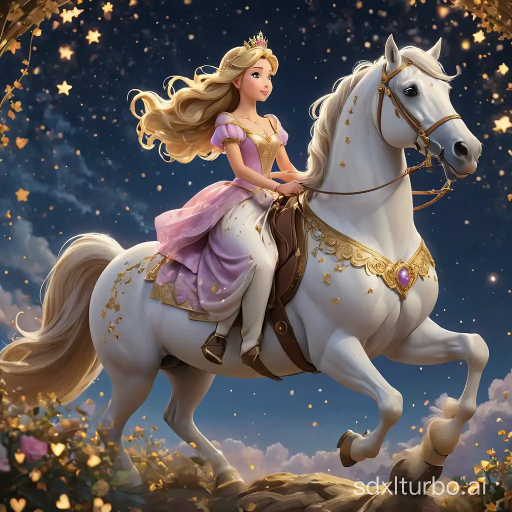 roduce a captivating image portraying a beautiful princess riding gracefully atop a majestic horse, with a backdrop adorned by falling stars and hearts. Convey a sense of enchantment and romance as the princess and her steed journey through a magical night under the celestial canopy.