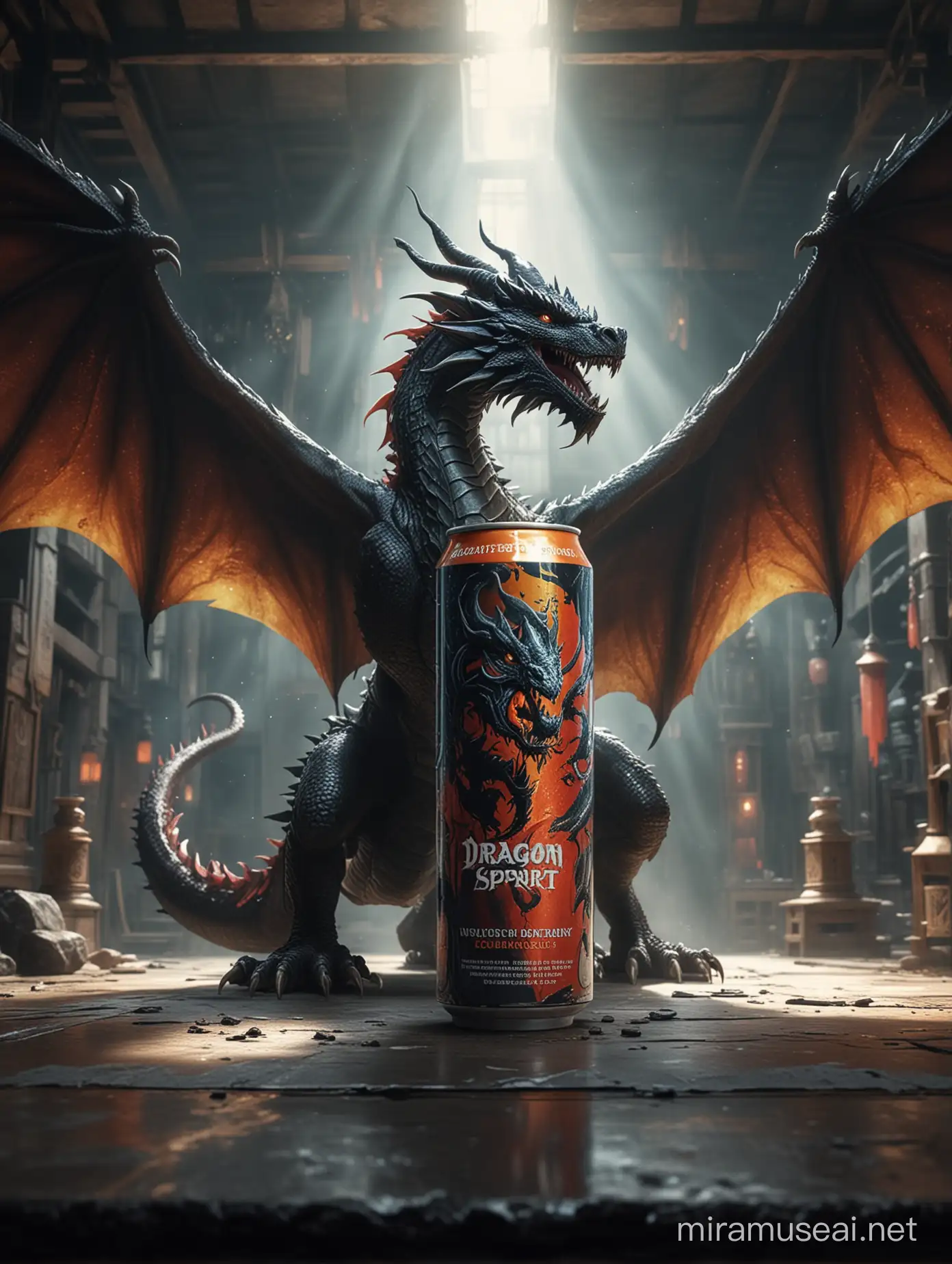 Cinematic Indoor Scene Dragon Spirit Energy Drink Inspires Enlightenment