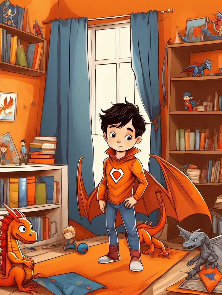 The boy Max has short dark hair. The walls in the room are orange. Clothes, toys and books in their places. Posters with superheroes and dragons hang on the walls. storybook illustration