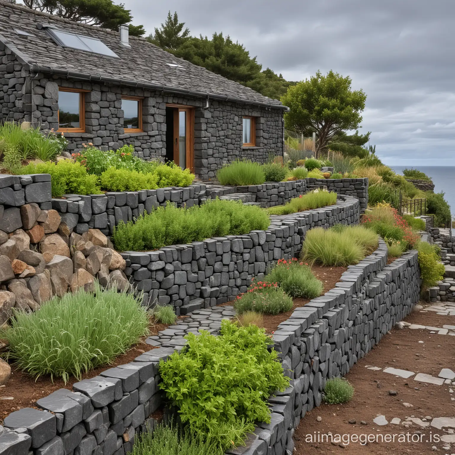 terraced basalt stone herb garden and a small Azorean stone sea cottage, high definition
