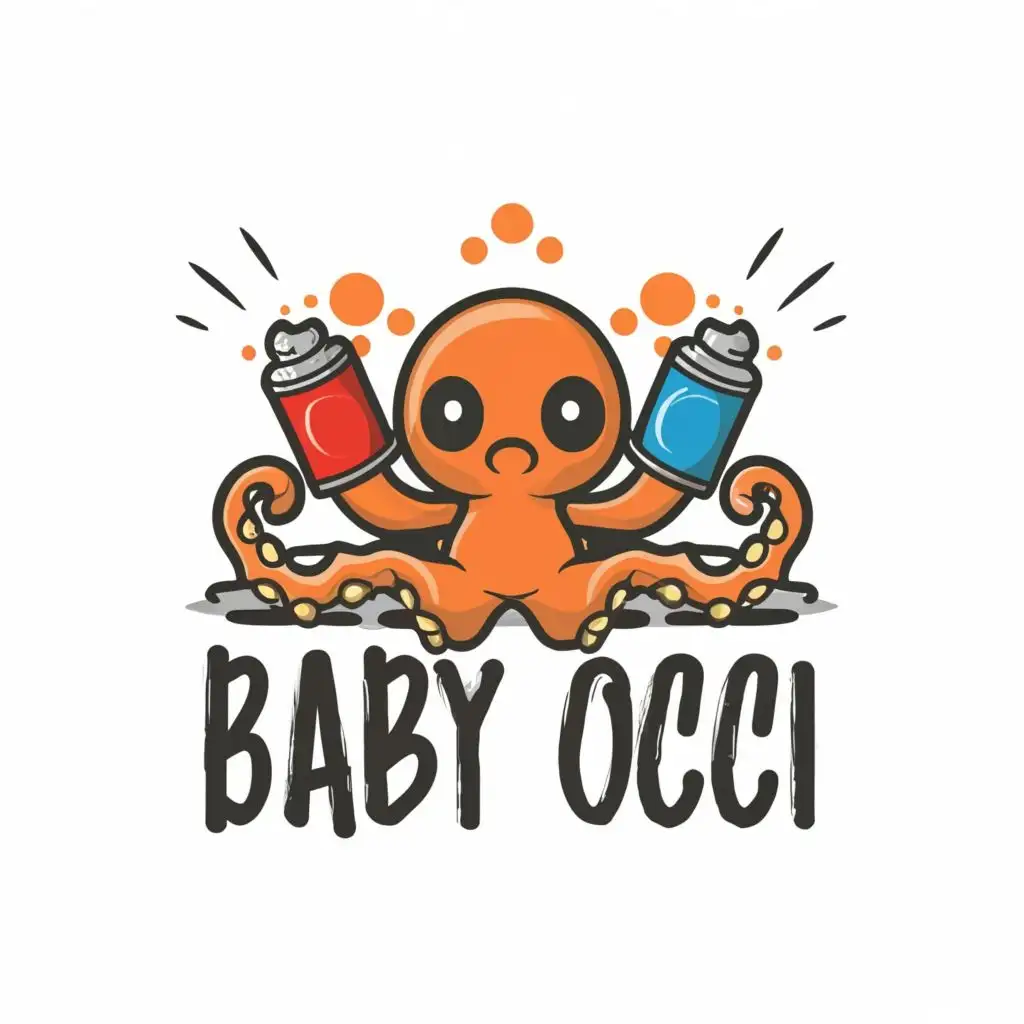 logo, octopus holding two spray paint cans, with the text "BABY OCCI", typography, to be used in the Events industry, orange and black. Steam punk style