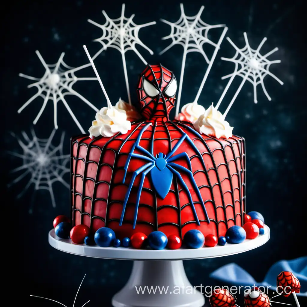 Spiderman Themed Birthday Cake With Whipped Cream And Starshaped