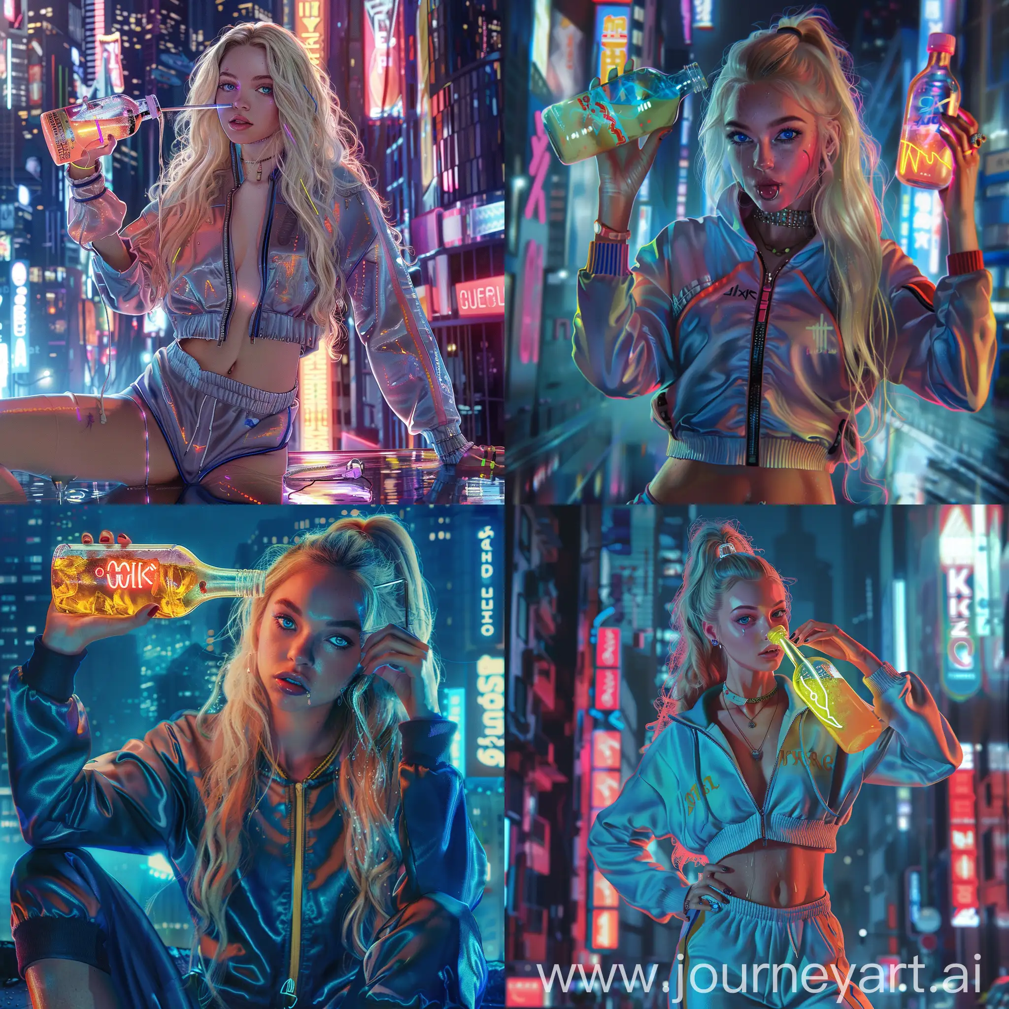 Photorealism a blonde with blue eyes in a tracksuit drinking a neon cocktail from a bottle and around the city with thiele kaberpunk