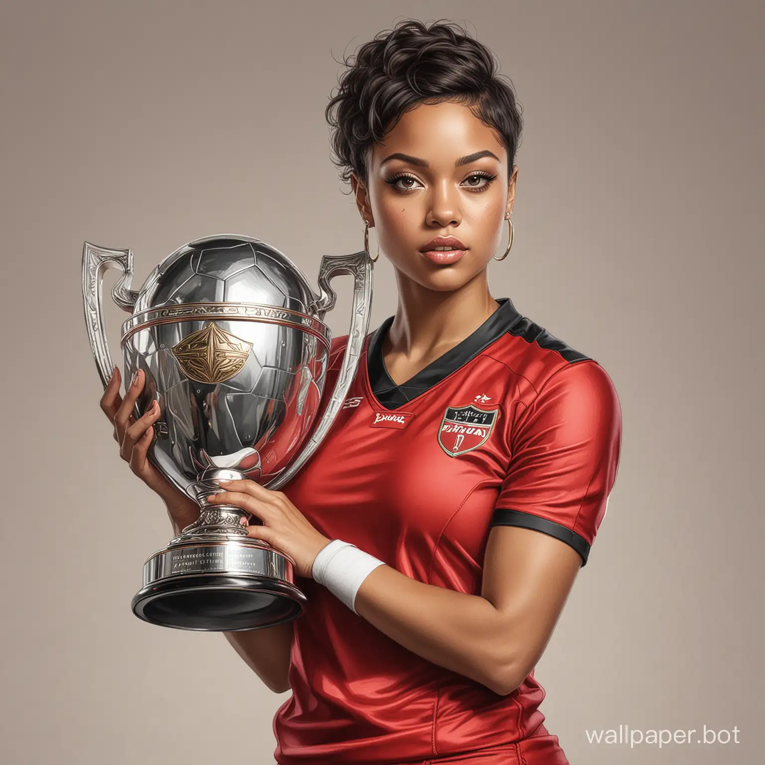 Sketch of a young mulatto woman with dark short hair size 6 breasts narrow waist in red and black football uniform holding a large champions cup on a white background highly realistic drawing of a colored liner