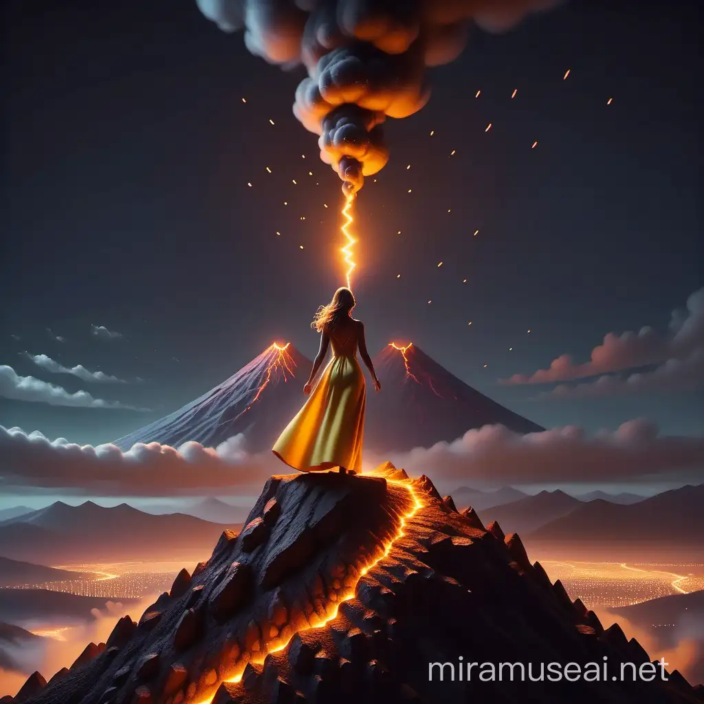 3D 8k minimal realstic illustrator minimal woman on the top of the mountain wearimg her stunning lighter lightening her yellow dress watching cinematic relastic volcano from far at the midnight 
