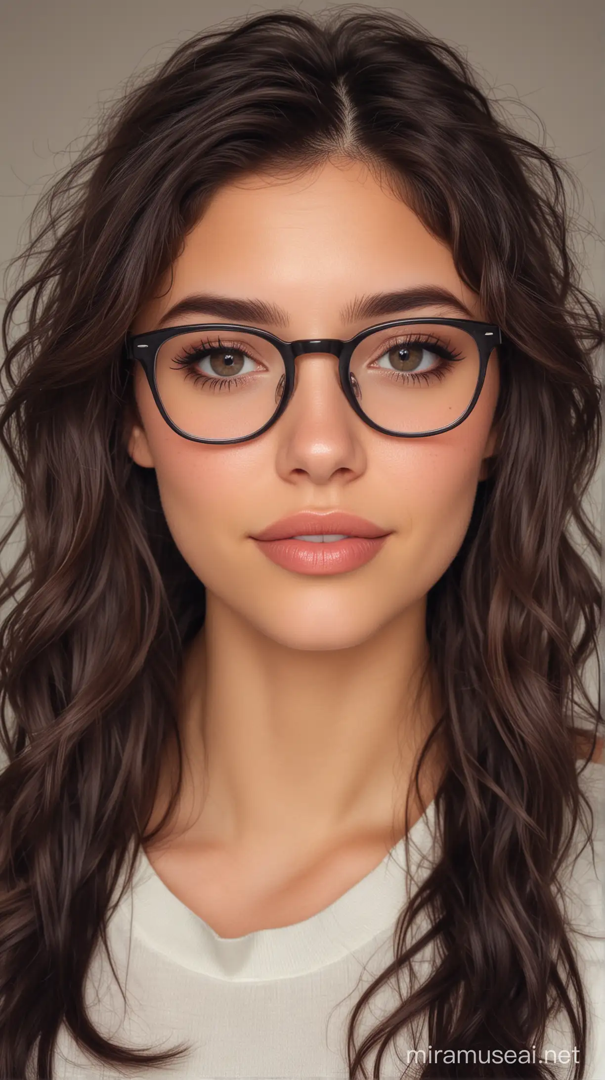 Portrait of a Pretty 26YearOld Woman with Wavy Dark Hair and Nerd Glasses