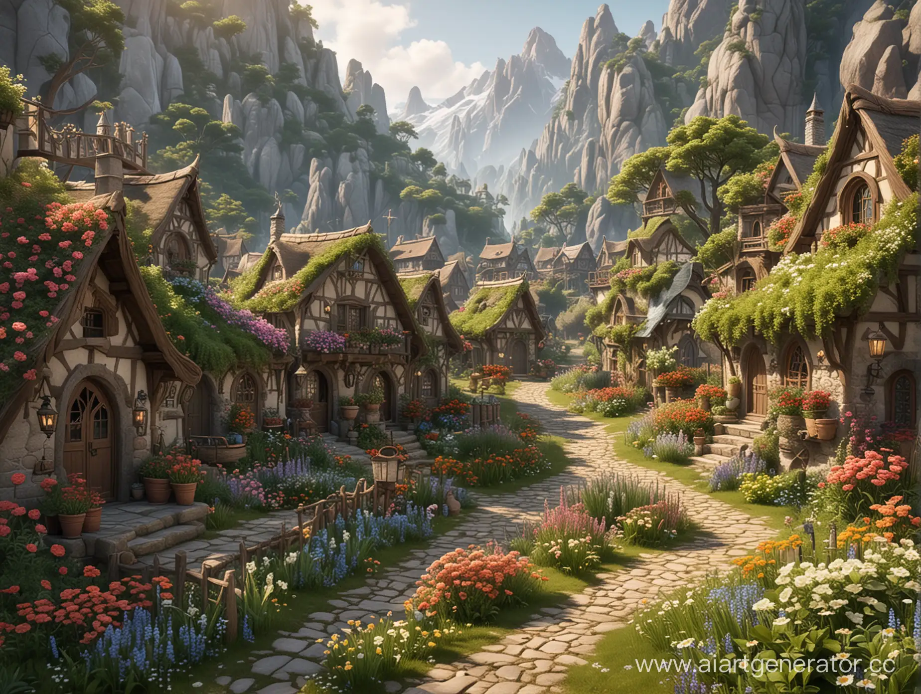 уютная эльфийская деревня с цветами и растениями