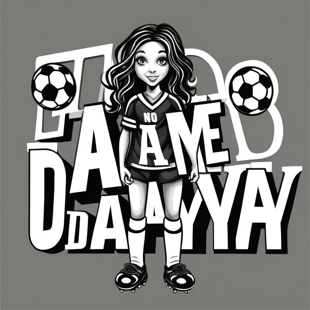 GAME DAY, WAVY LETTERS, GIRL SOCCER PLAYER, BLACK AND WHITE, NO BACKGROUND