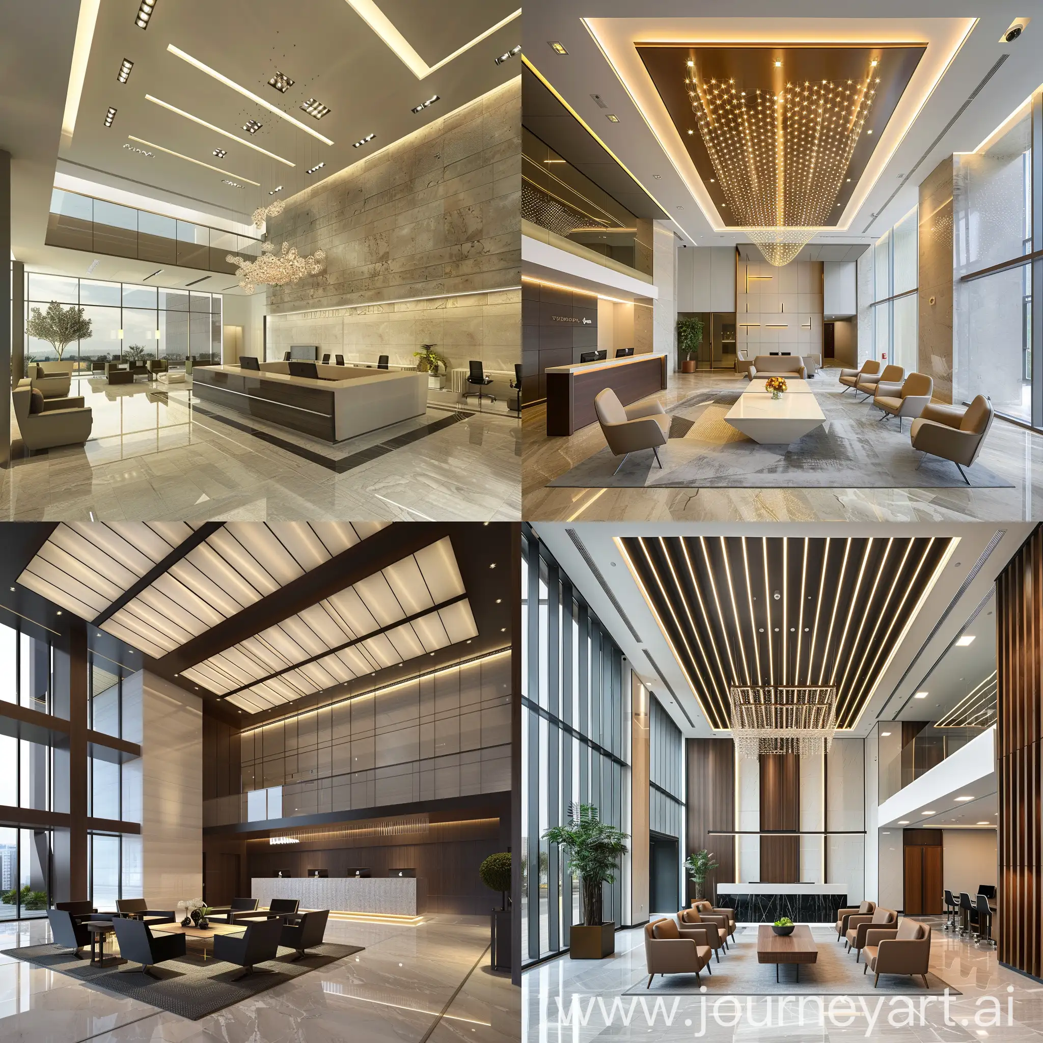 10000 sq.ft square form corporate office lobby with contemporary interior with 4.5mtr ceiling height and grand reception table with waiting area