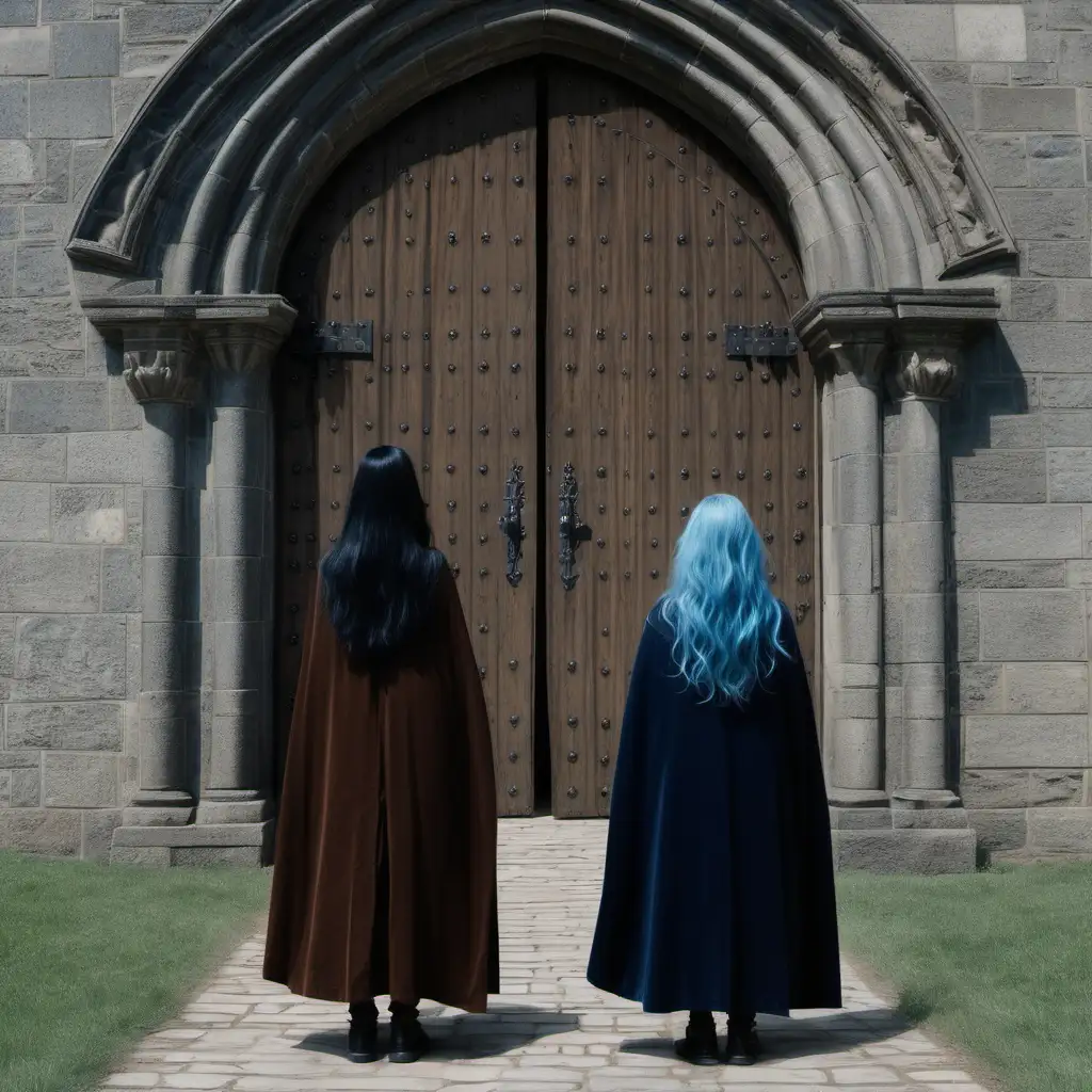 two woman backwards, facing a huge castle door that is opening, one has blue hair and the other has straight black hair, black hair the two woman are alone, they are both wearing brown tunics, brown and black tunics, medieval