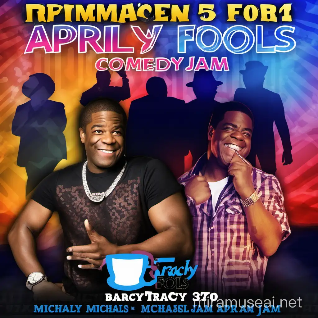 create a flyer for april fools comedy jam show april 5th at barcly center with Rip Micheals and Tracy Morgan