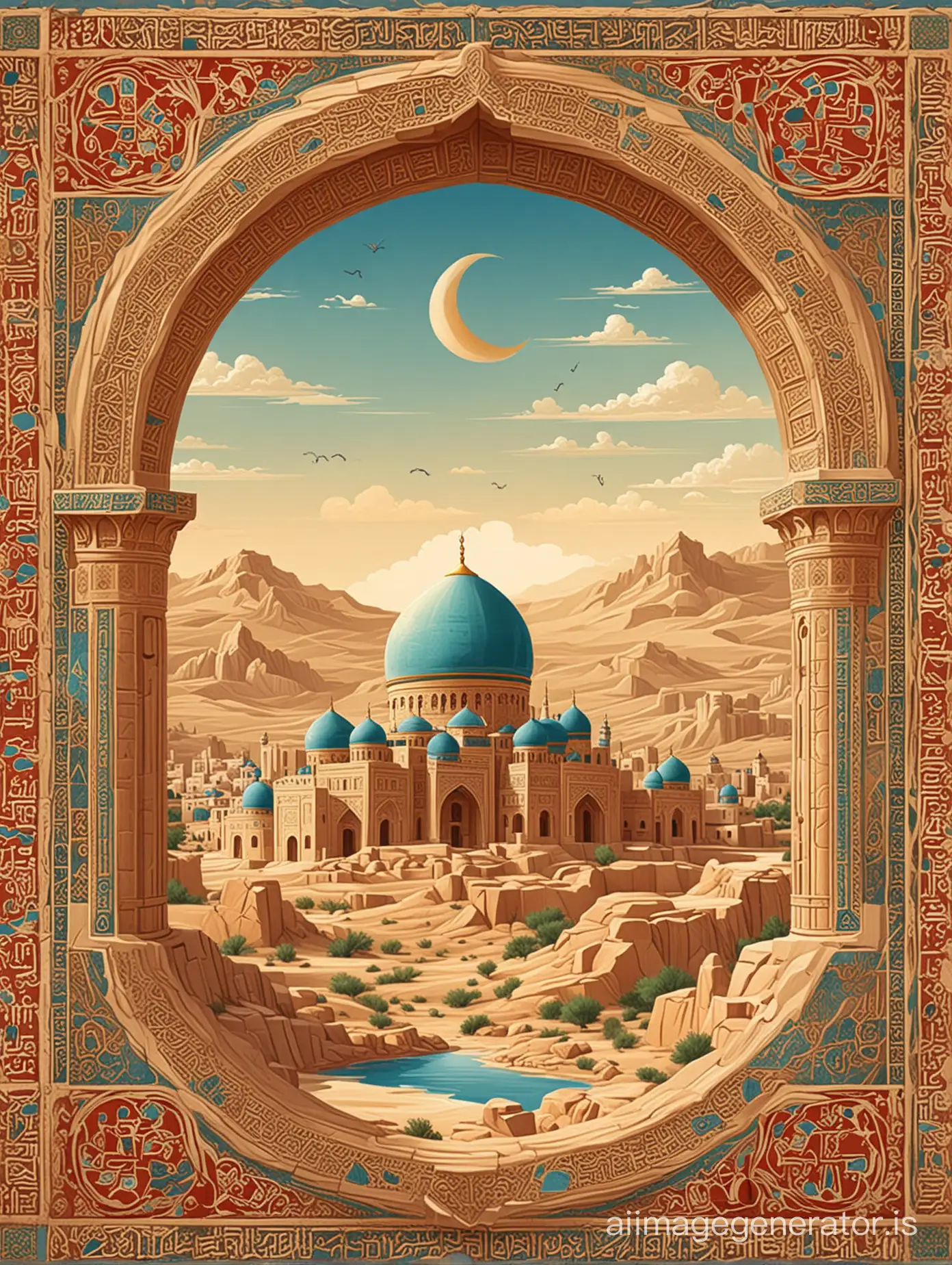illustration for book cover.  For background, Khorezm historical monuments.  In the ancient oriental style 