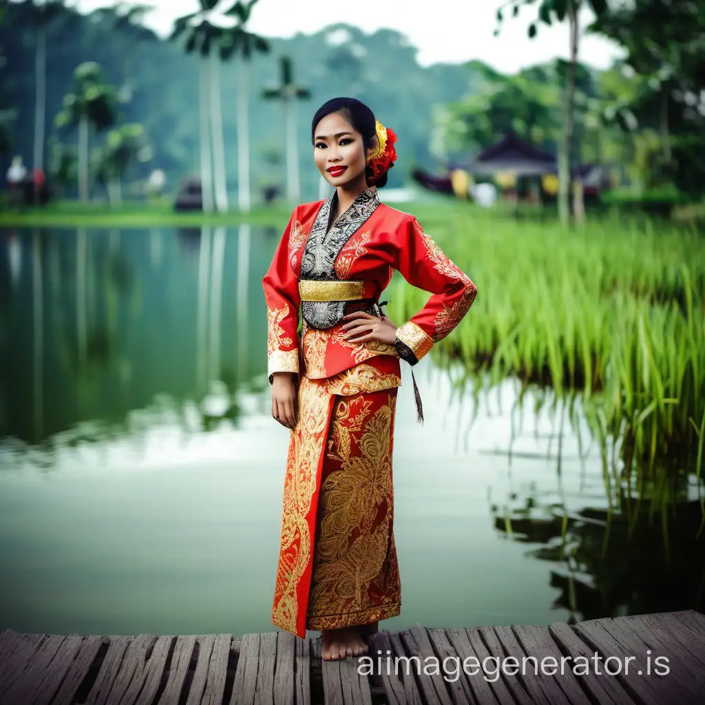 beautiful indonesian woman in traditional clothes by a lake