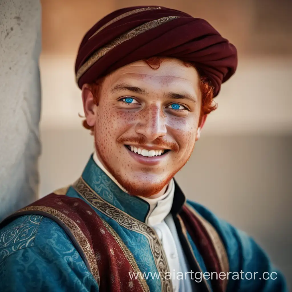 Man, light skin, red hair, Red freckles, blue eyes, Big Nose, chubby, smile. Clothes of the Ottoman Empire. Ottoman Palace, Warm Light 