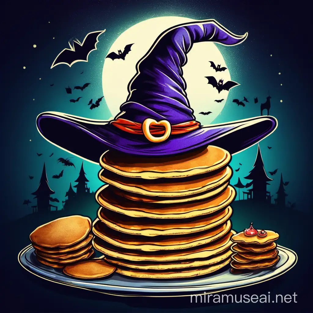 Witchs Hat Balancing Stack of Pancakes Halloween Breakfast Art