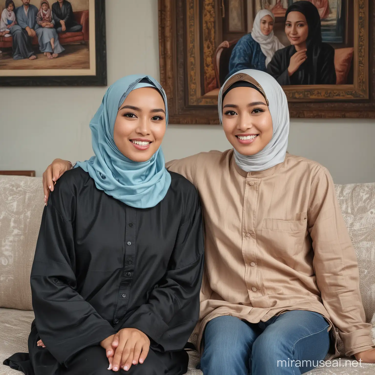 
A man with an Indonesian face, thin hair, 30 years old, wearing a black shirt and blue jeans, a woman aged 30, wearing a hijab, wearing a robe, sitting on a sofa with a painting in the background depicting the two of them. Full HD original photo