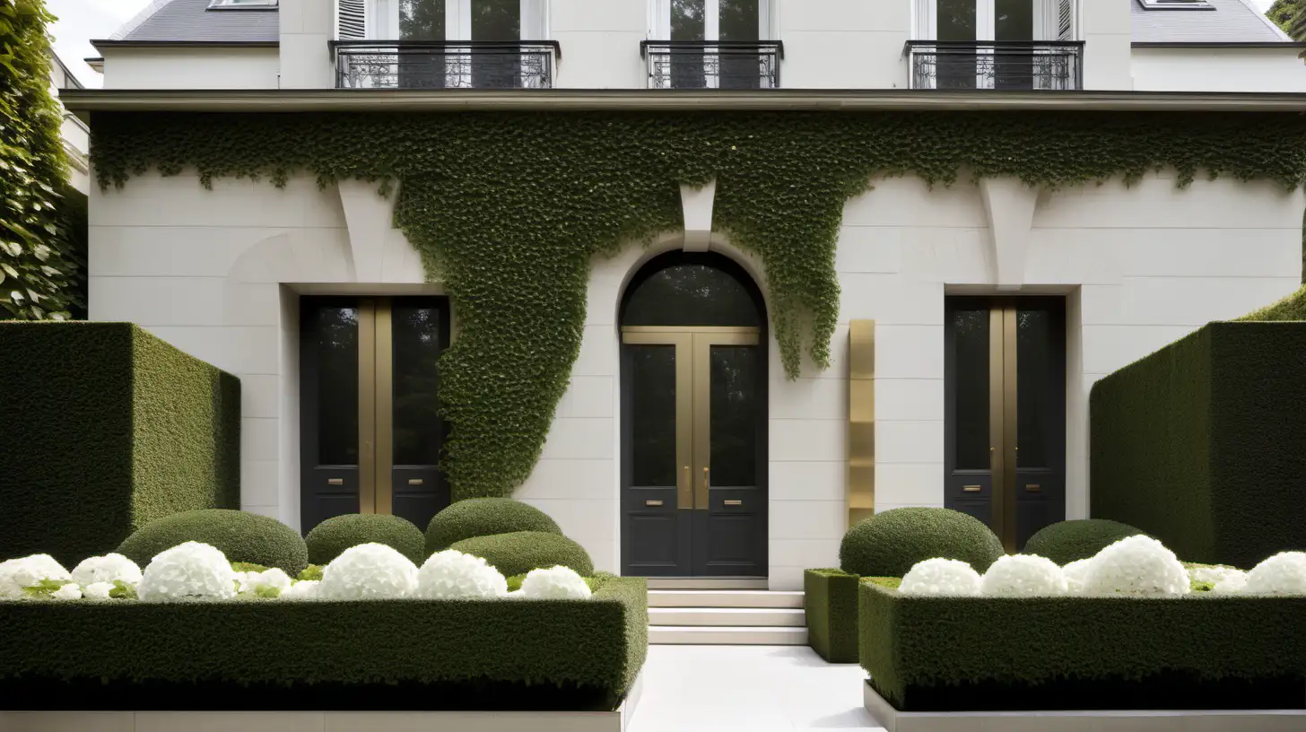 modern Parisian grand home exterior; beige, oak, brass, colour palette; front garden with hedges and white hydrangeas