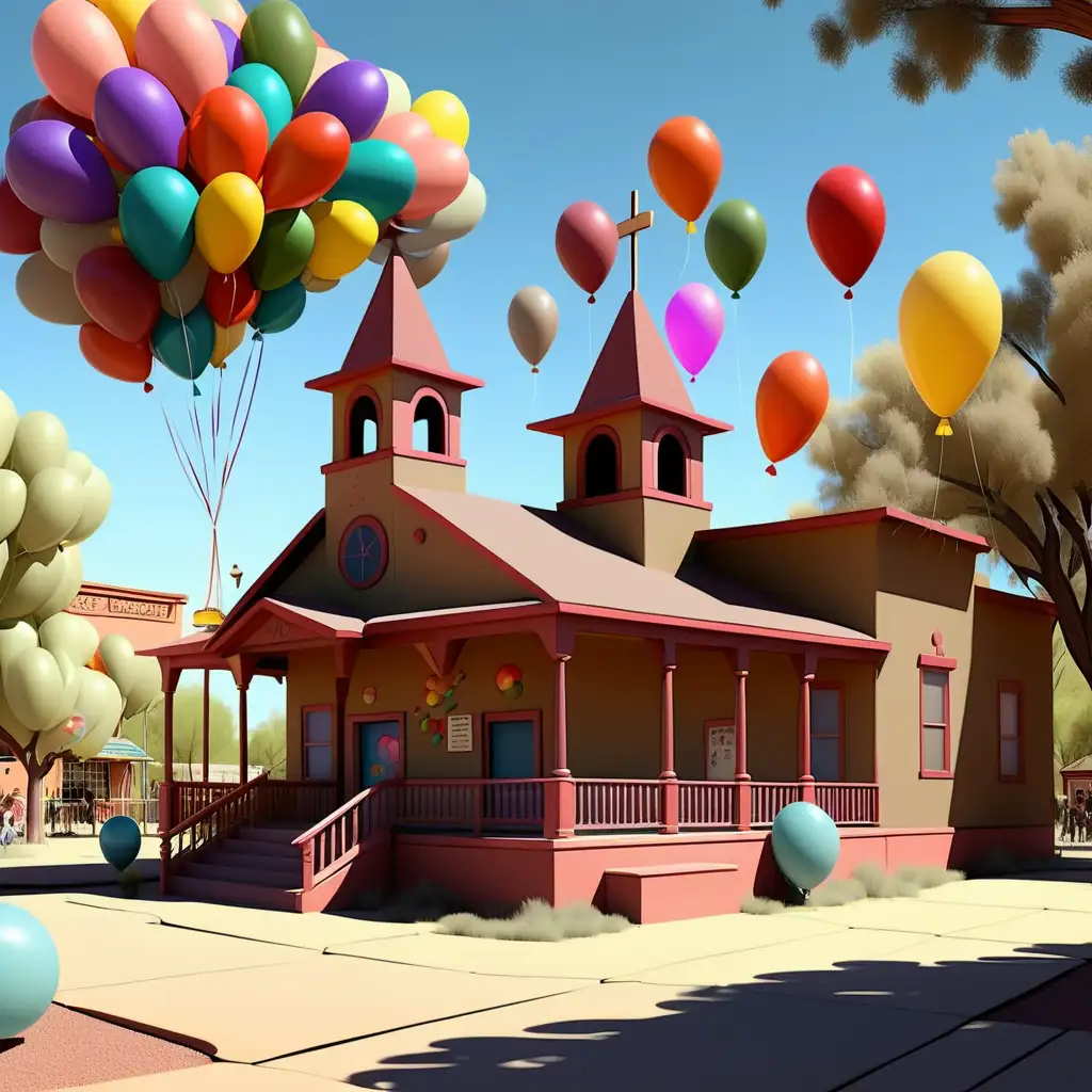1900s cartoon colorful decorated community center in the park  in New Mexico with balloons