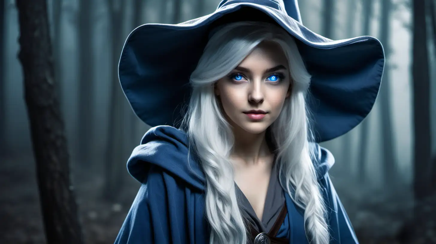 White haired wizard woman with a gray wizard hat, gray robes and blue eyes.