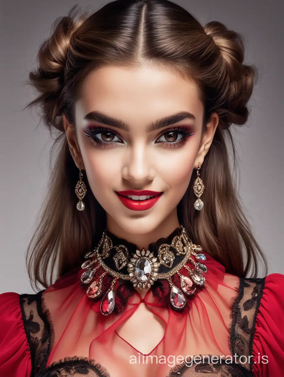 ❤. 








seductive girl, red transparent top, tails, baroque style, in the style of Dolce Gabbana, aesthetics of the female body, plump lips, spiked collar on the neck, décolleté, voluminous bust, sexy, joyful smile, bright lipstick + bright shiny makeup, brown eyes, long straight hair down, standing, focus on the eyes, smokey eyes, professional fashion photo, triple exposure