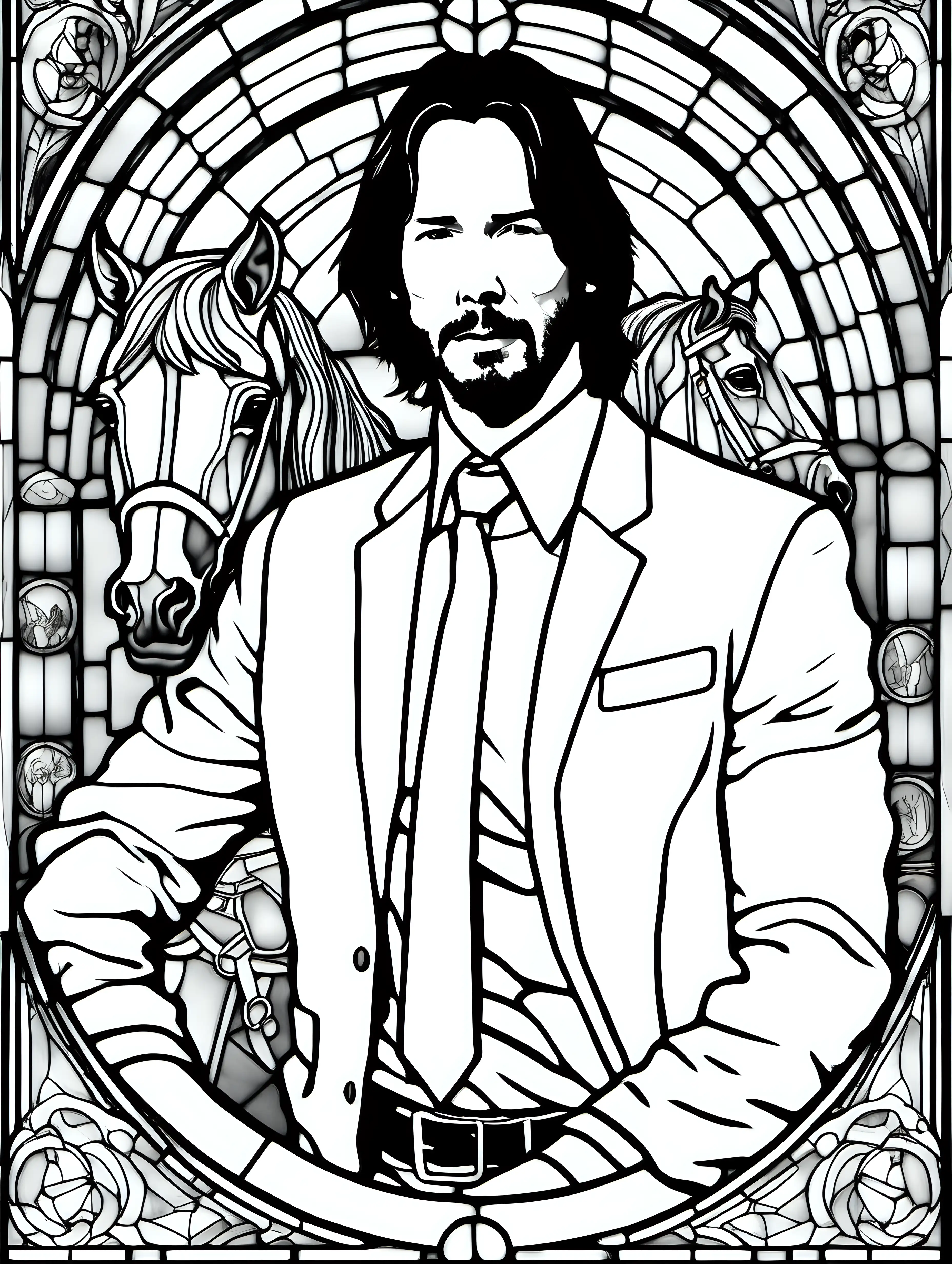 adult coloring page, clean black and white, white background, young Keanu Reeves in 1985, stained glass with horses  