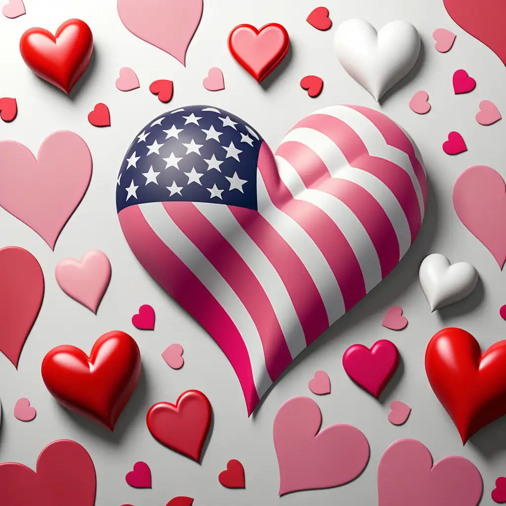 American flag with pink red and white colors and hearts Happy Valentine's Day 