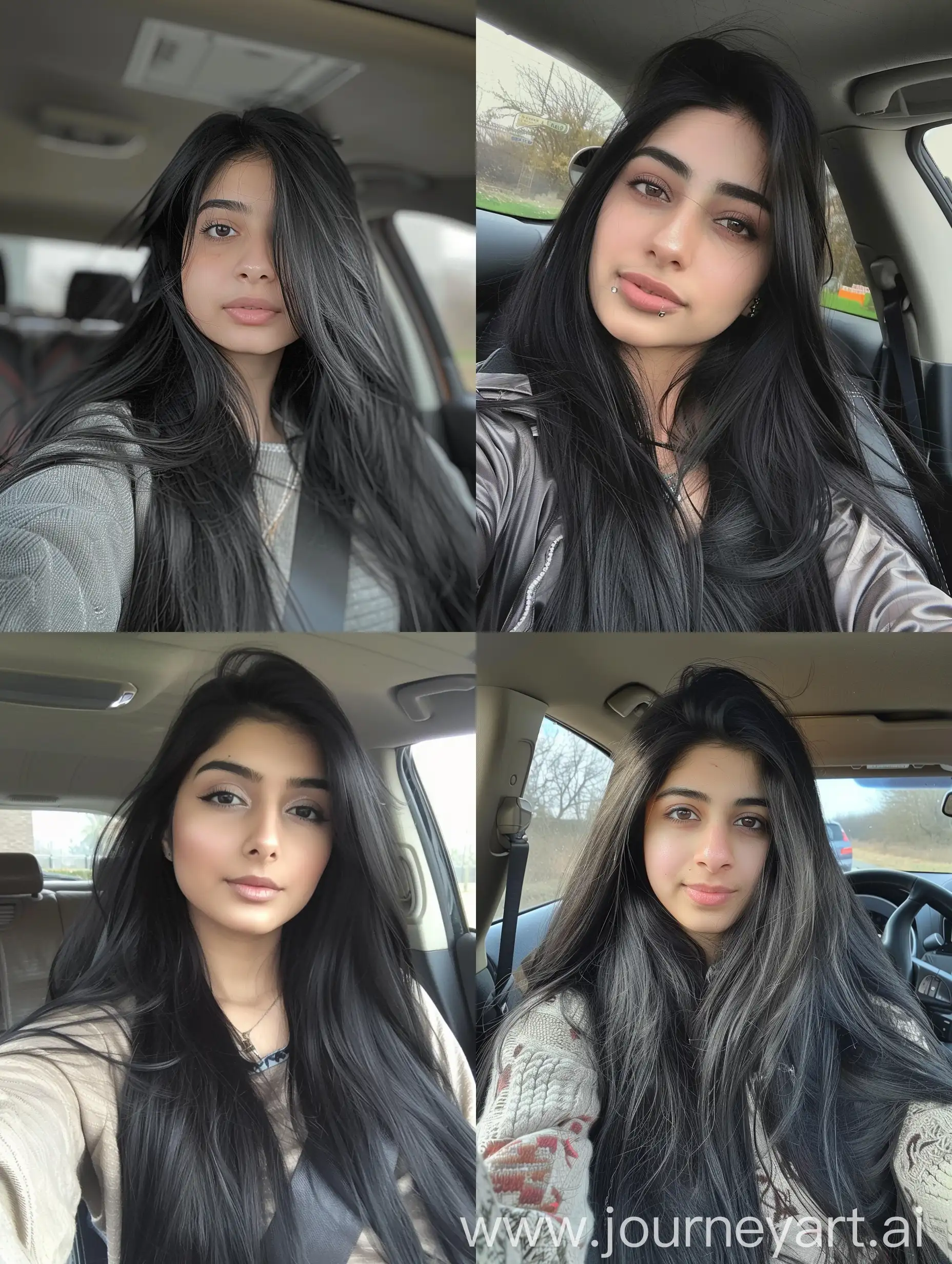 A british Pakistani girl with long black hair taking selfie in a car --v 6