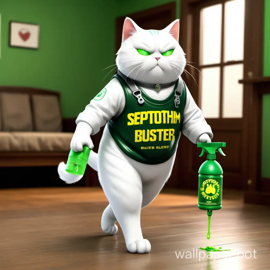 White Cat, wearing Septohim clothes, with the Trash Buster logo on his chest, walks through a beautiful room, leaving cleanliness behind, holding a green spray bottle with a yellow trigger in hand.