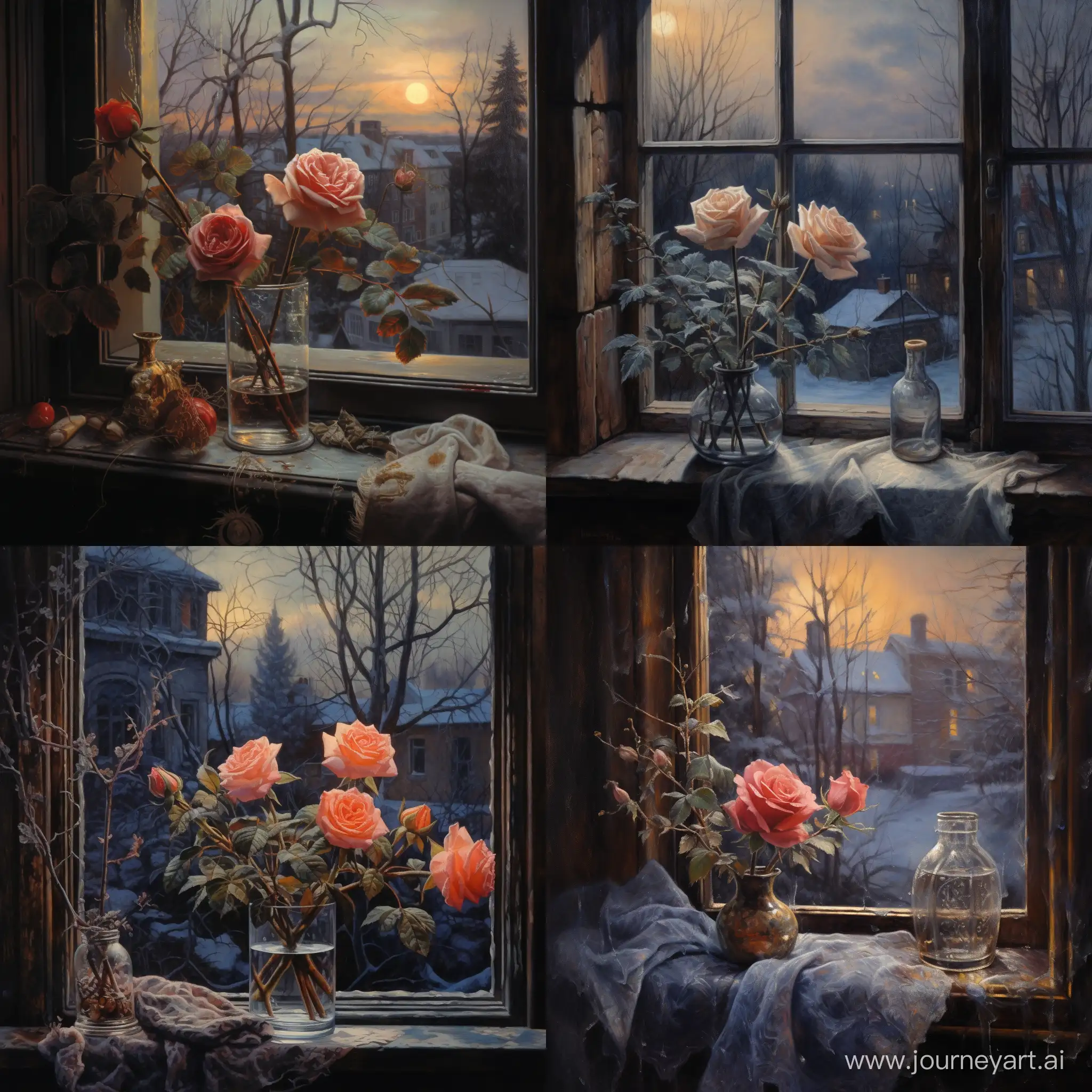 роза на подоконнике, в окне ночной зимний пейзаж