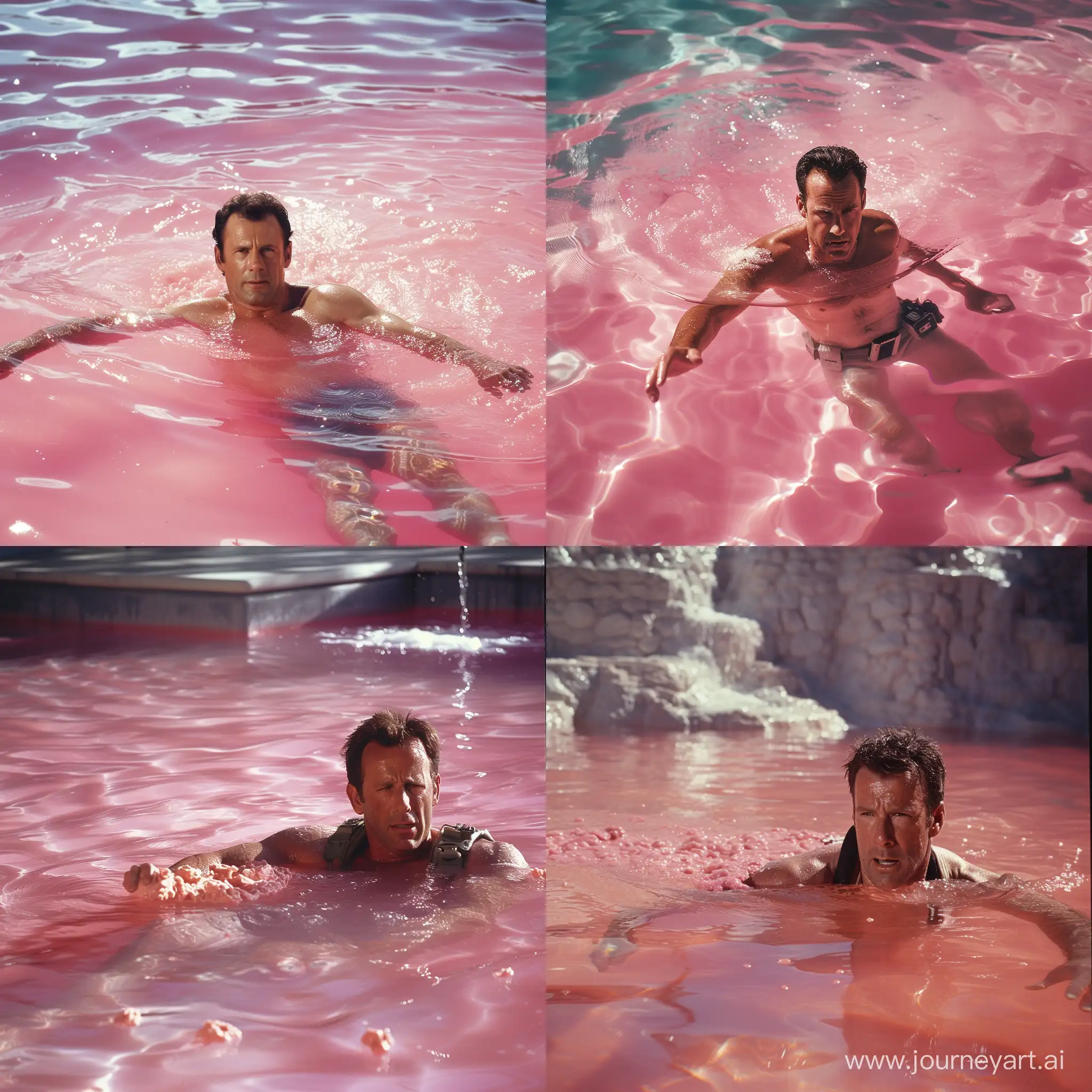 Брюс Уиллис в образе Джона Маклейна, плавает в бассейне наполненный розовым йогуртом