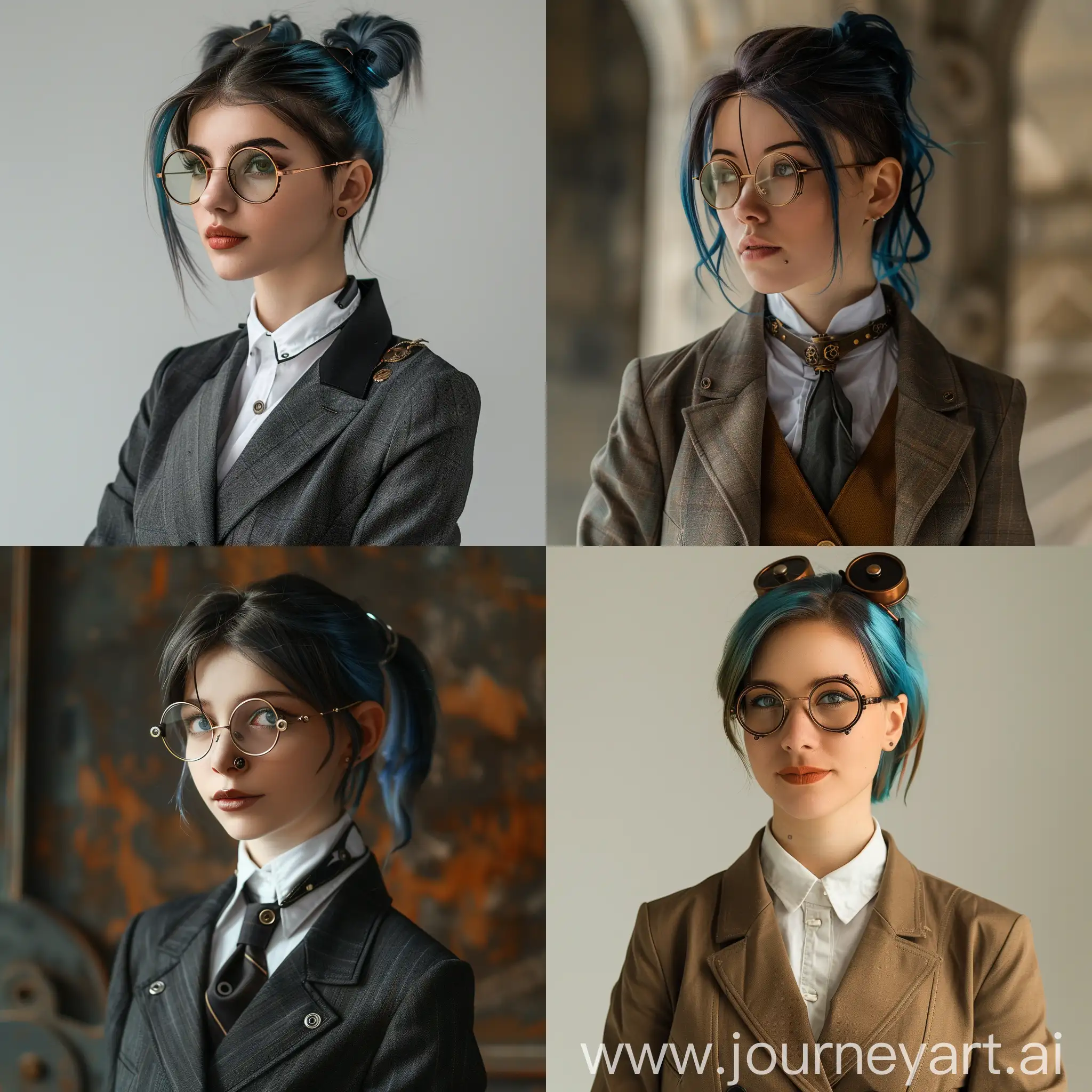 young woman in a business suit, short hair (blue hair, hair in a ponytail), glasses in steampunk style