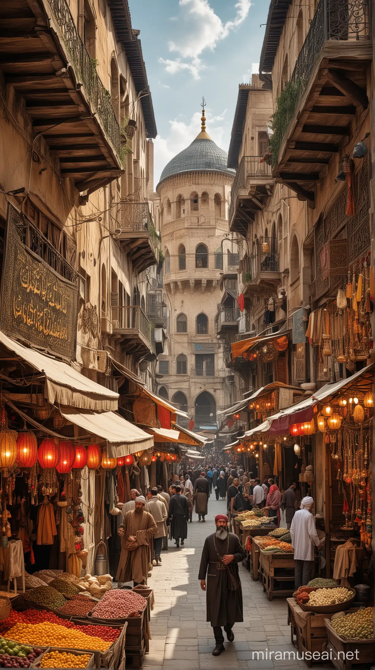 Produce an image showcasing the multiculturalism of the Ottoman Empire in the 17th century, with bustling markets, vibrant bazaars, and diverse people from across the empire's vast territories, including Turks, Arabs, Greeks, and Persians, mingling amidst the architecture of Constantinople, the empire's magnificent capital.